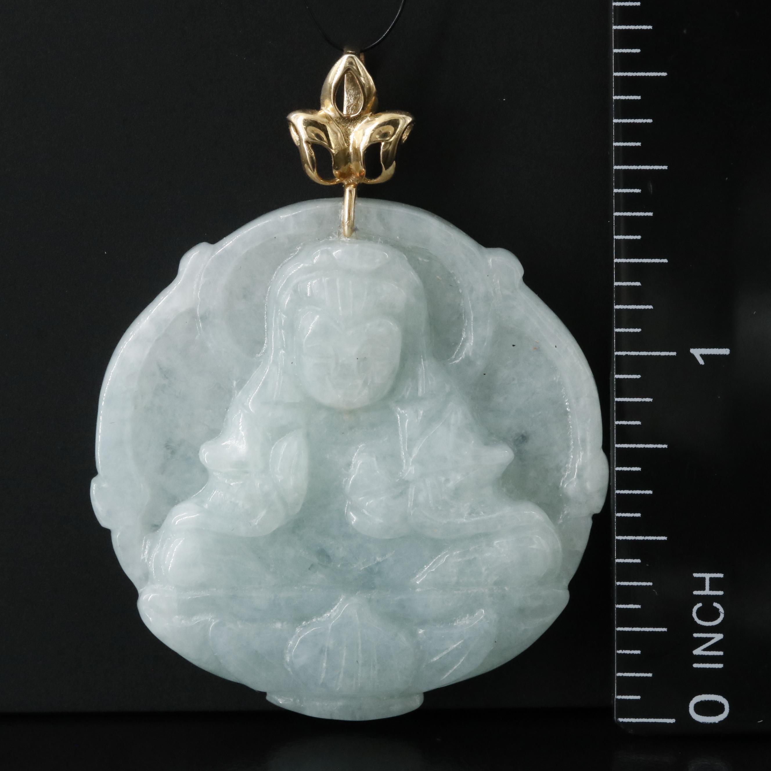 14K Jadeite Guanyin and Chinese "Longevity" Pendant
