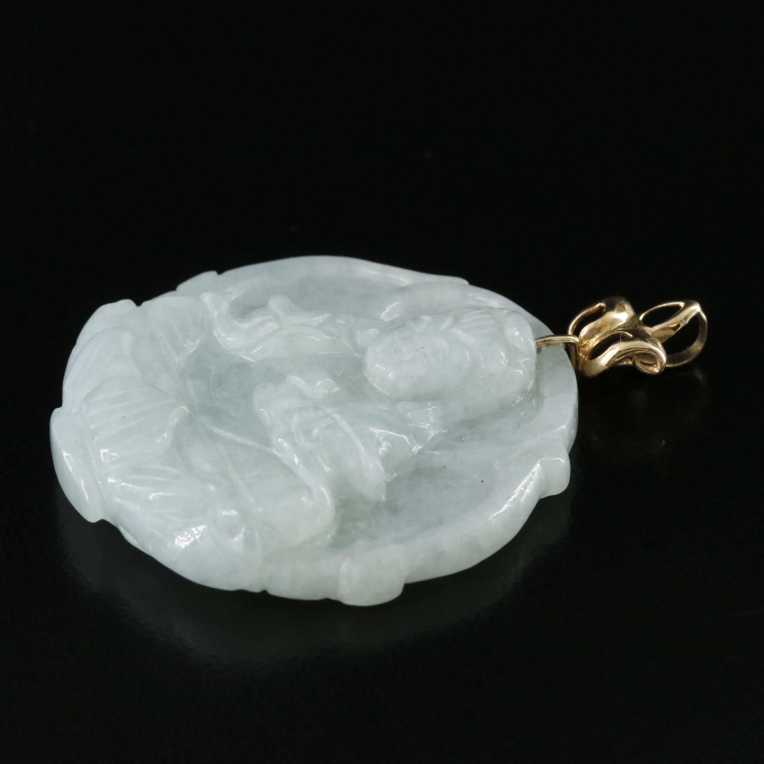 14K Jadeite Guanyin and Chinese "Longevity" Pendant