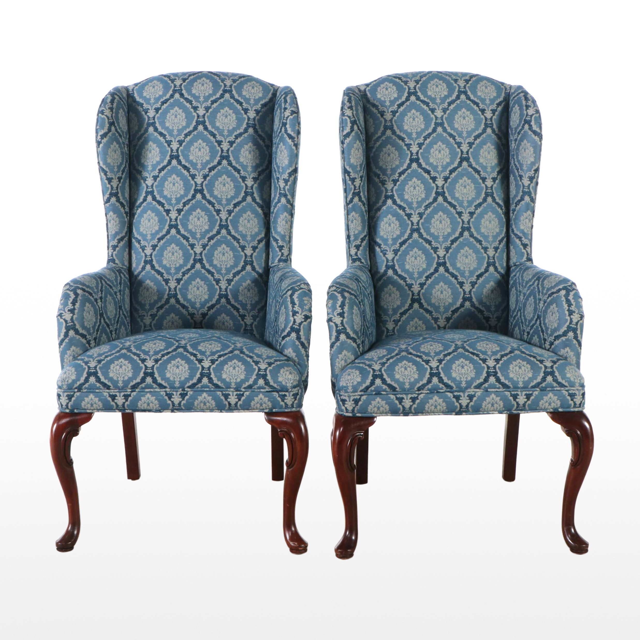 Pair of Queen Anne Style Damask Armchairs