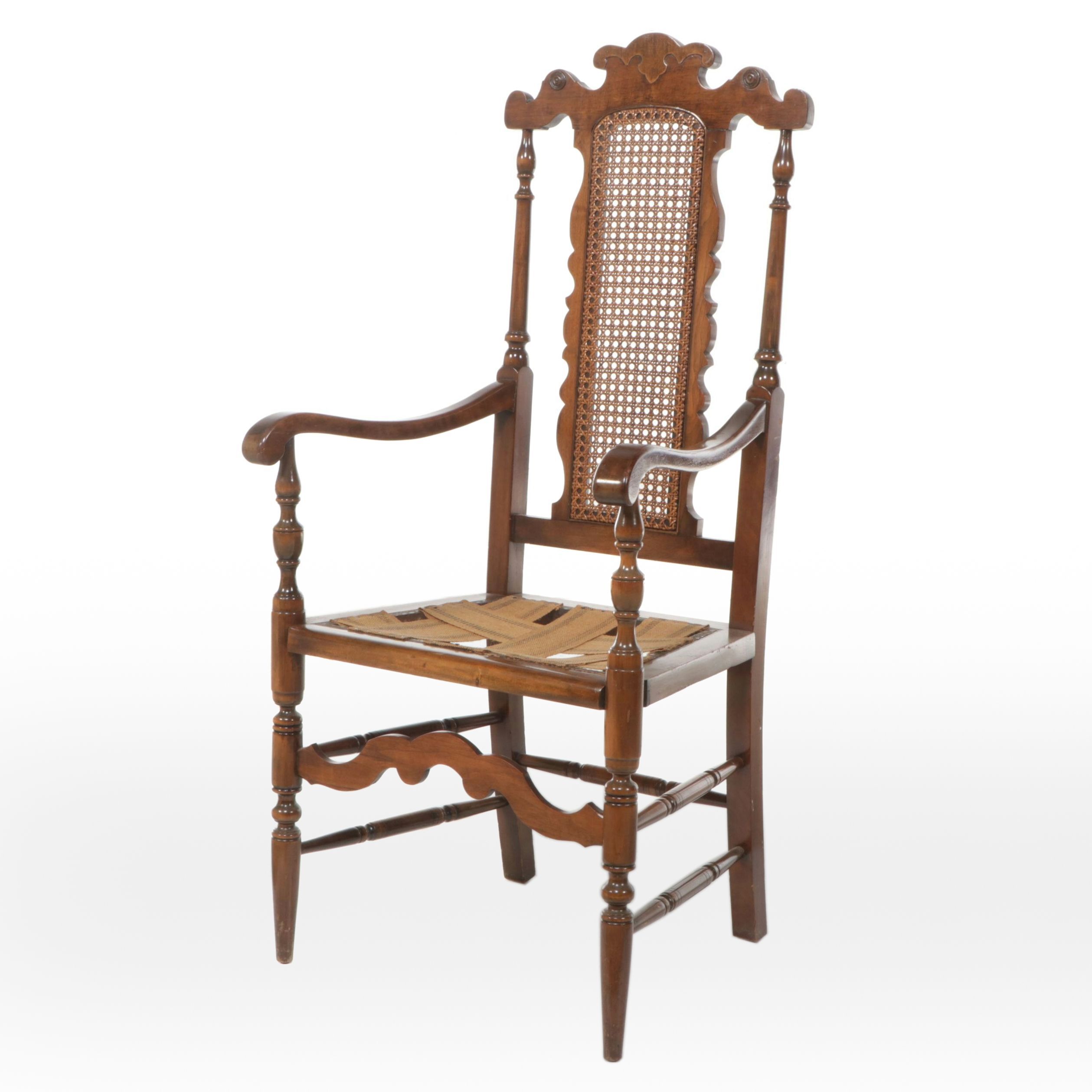 William and Mary Style Carved Beech and Cane Armchair, Early 20th Century
