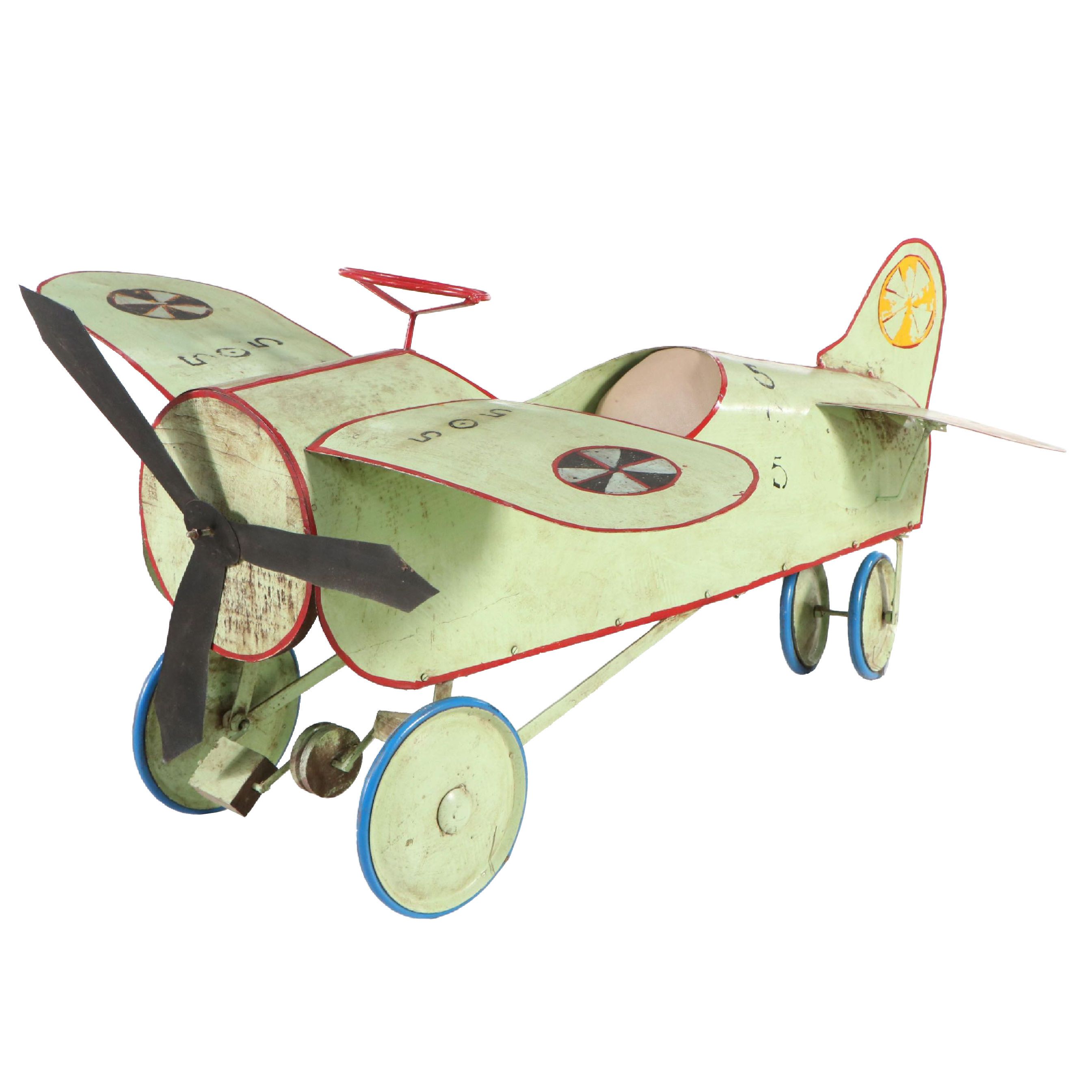 Vintage Polychrome Decorated Metal Ride-On Toy Airplane