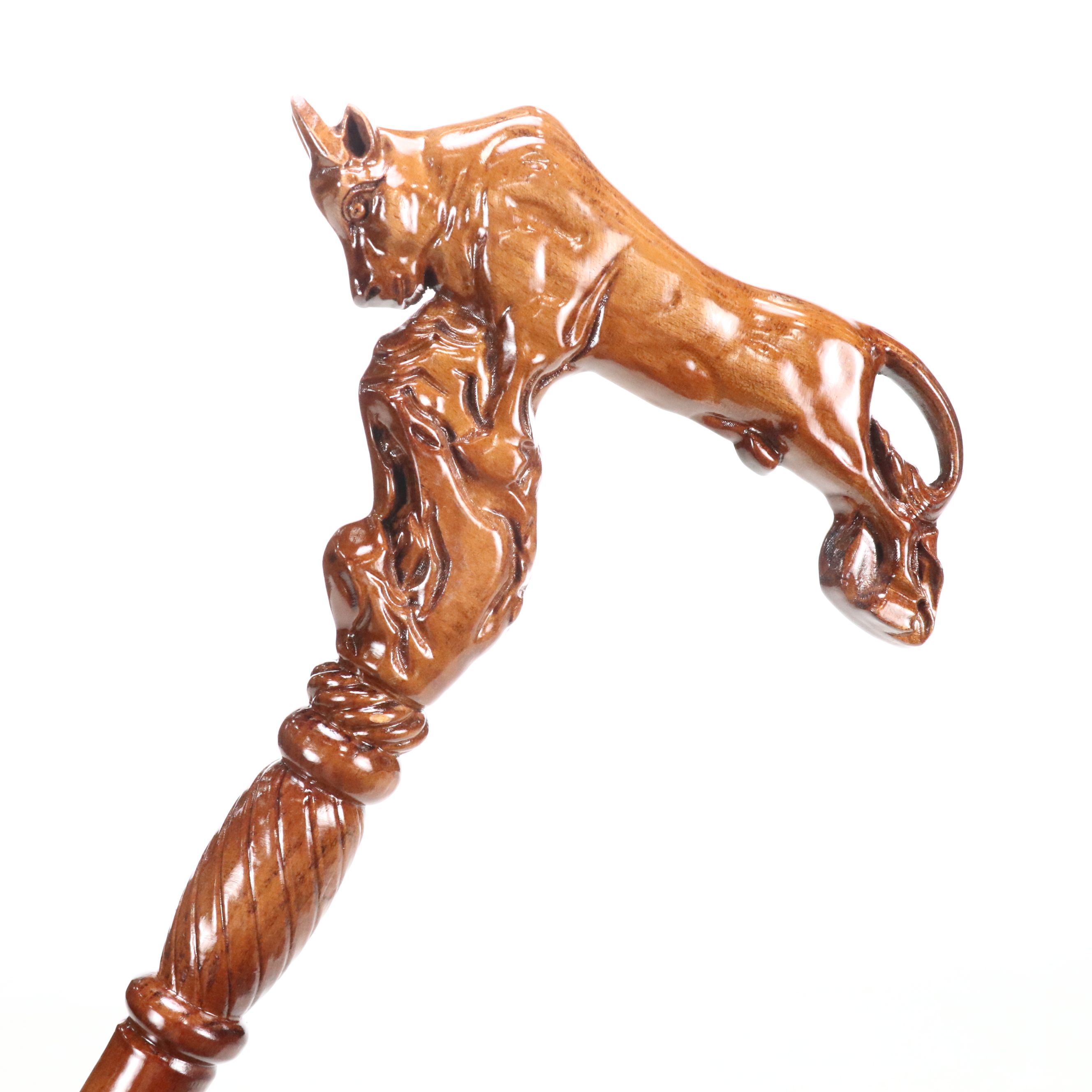 Carved Wood Charging Bull Two Piece Cane