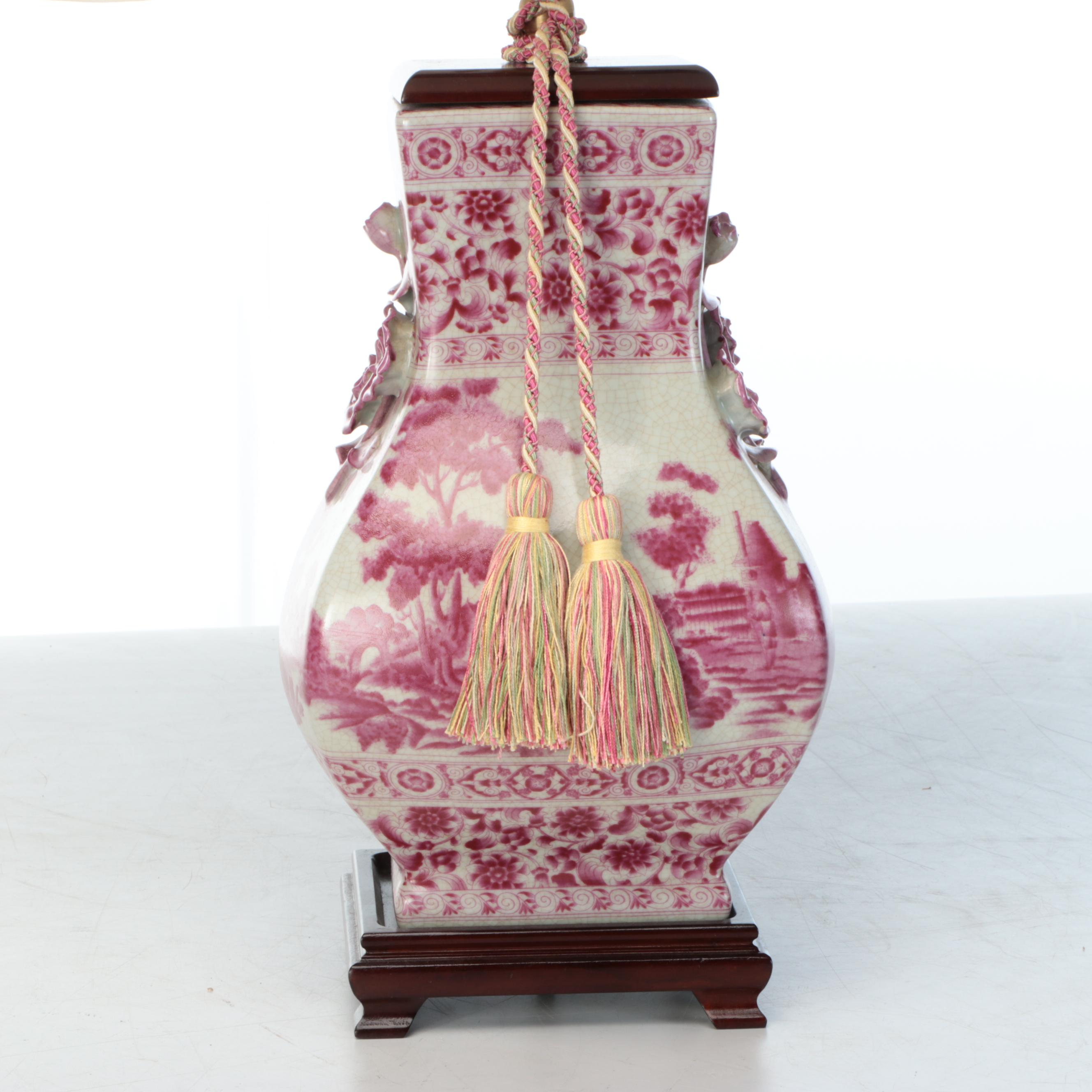 Chinese Hu Form Pink and White Ceramic Vase Table Lamp with Silk Shade