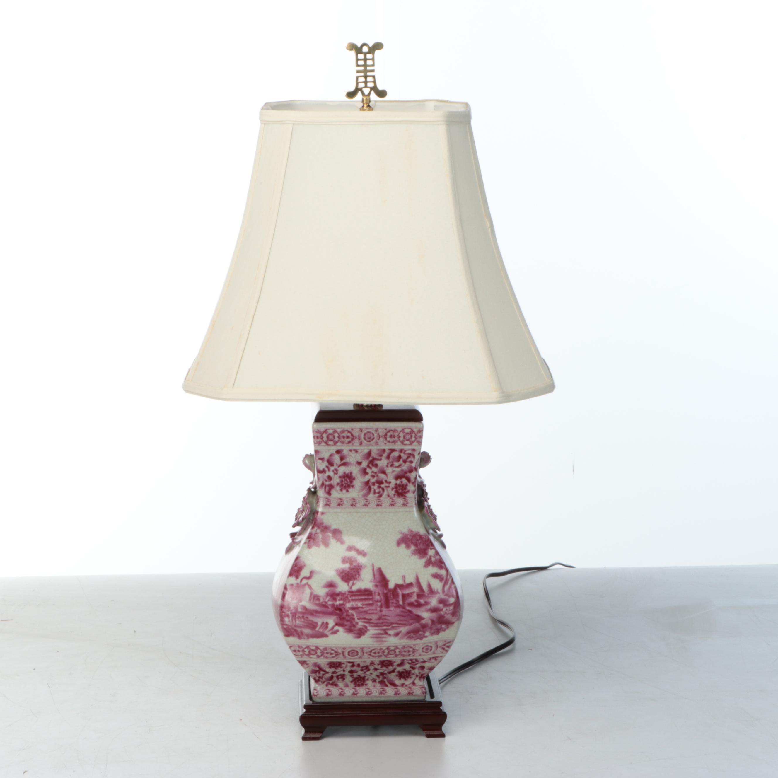 Chinese Hu Form Pink and White Ceramic Vase Table Lamp with Silk Shade