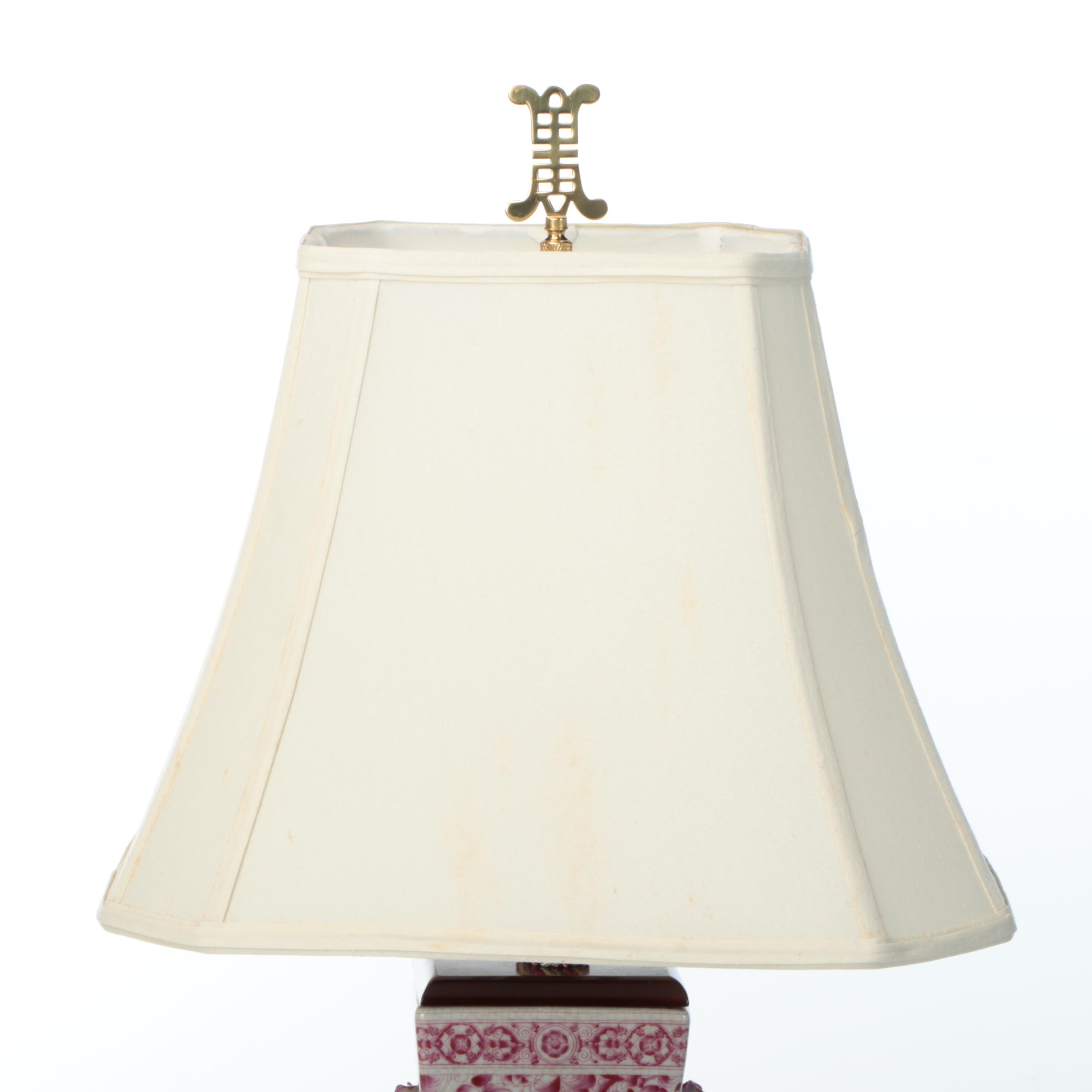 Chinese Hu Form Pink and White Ceramic Vase Table Lamp with Silk Shade