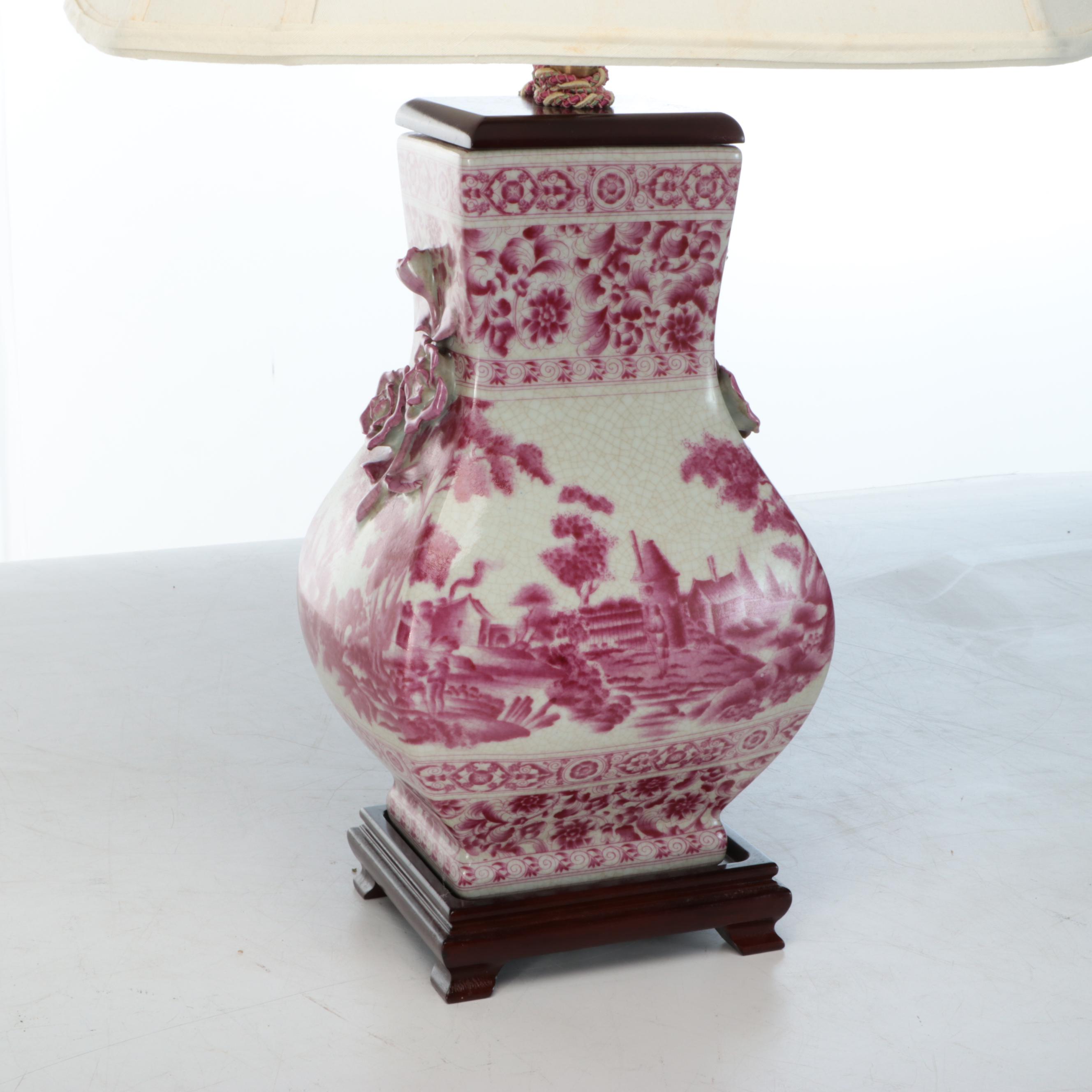 Chinese Hu Form Pink and White Ceramic Vase Table Lamp with Silk Shade