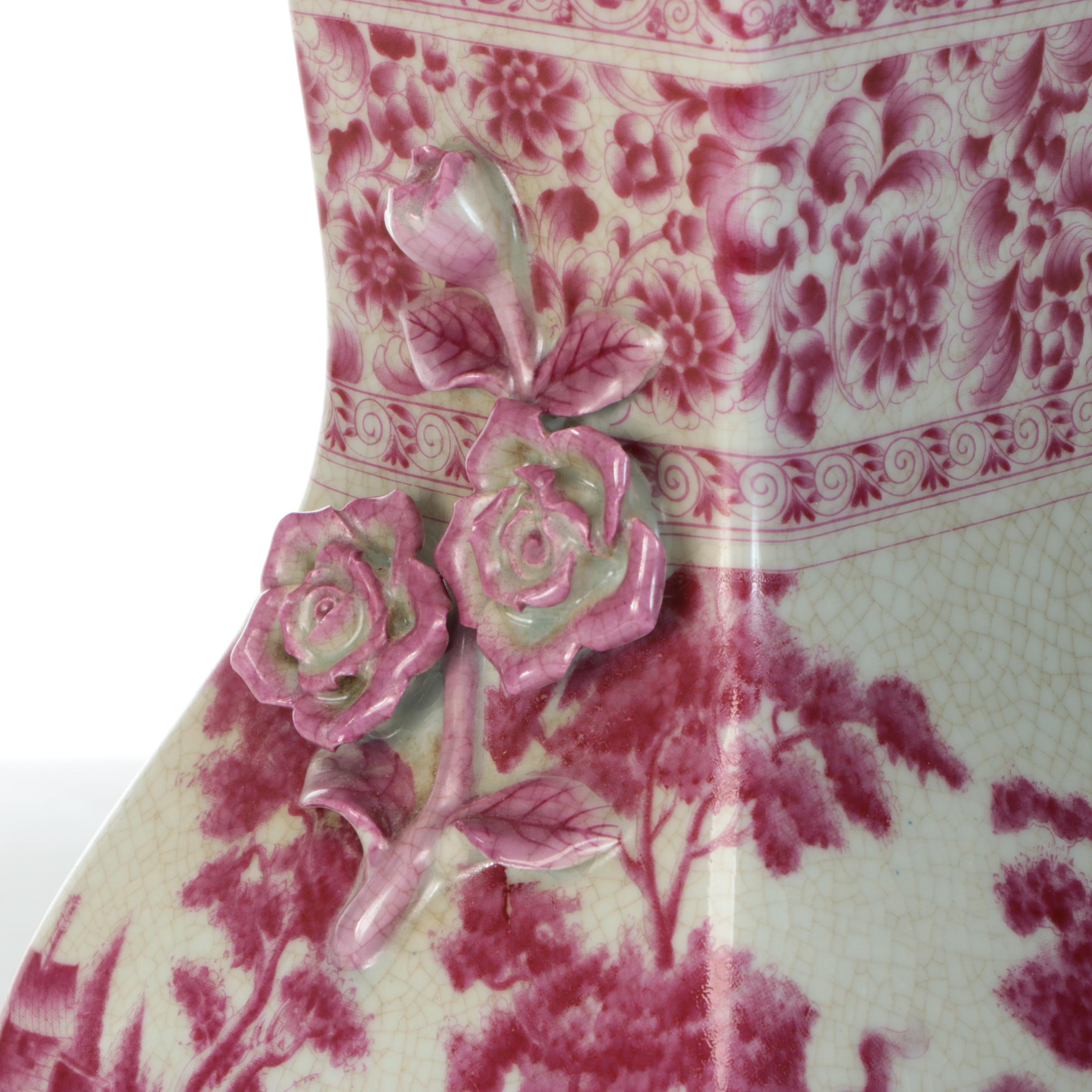 Chinese Hu Form Pink and White Ceramic Vase Table Lamp with Silk Shade