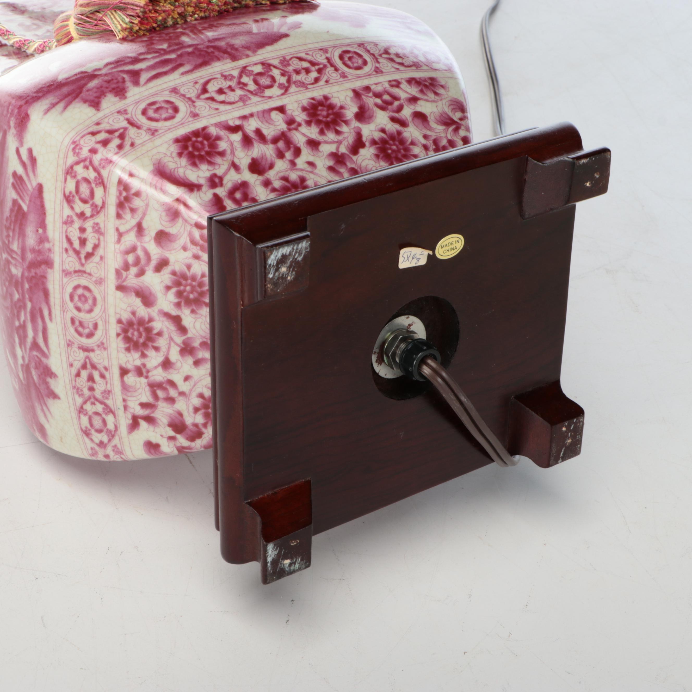 Chinese Hu Form Pink and White Ceramic Vase Table Lamp with Silk Shade