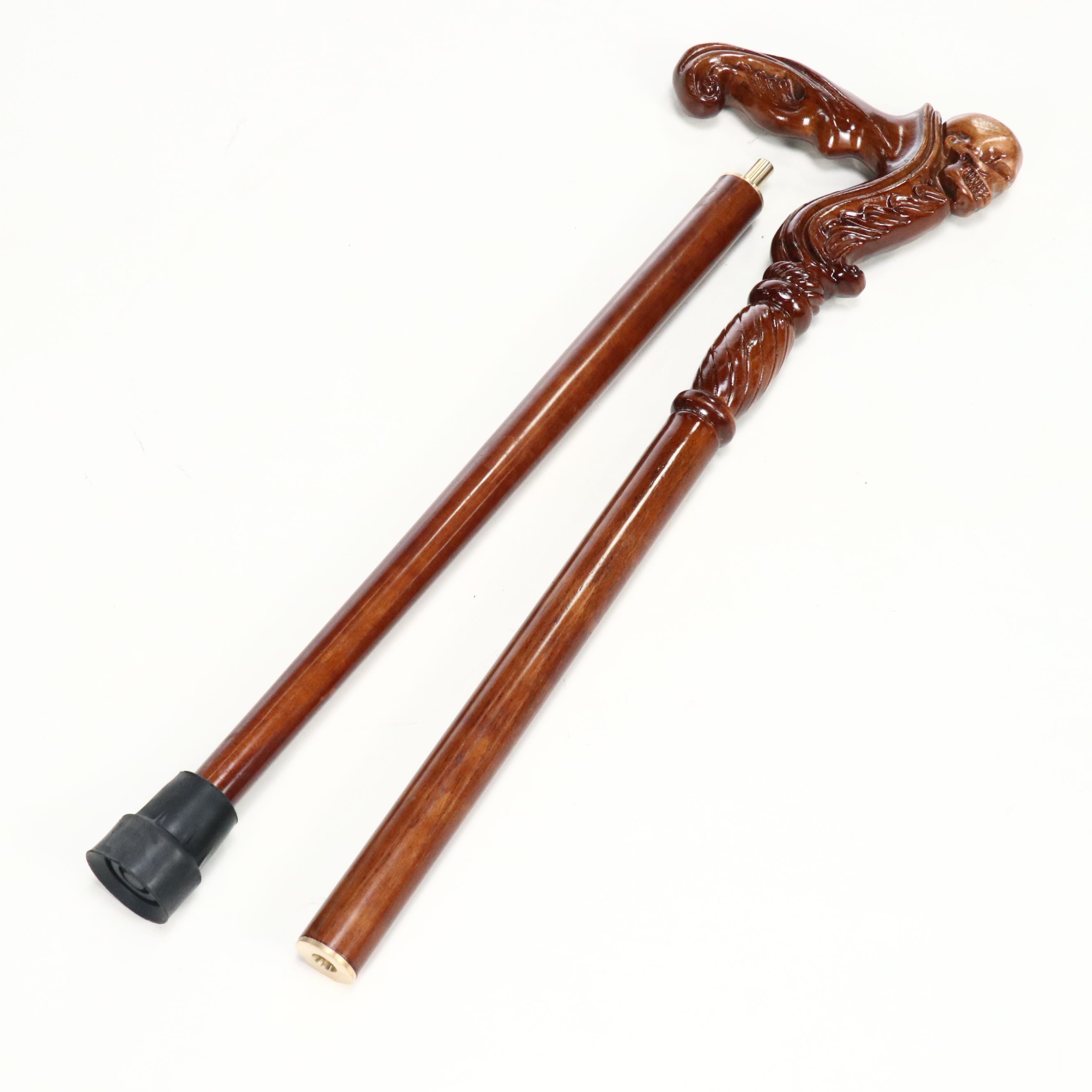 Carved Wood Skull Two-Piece Cane