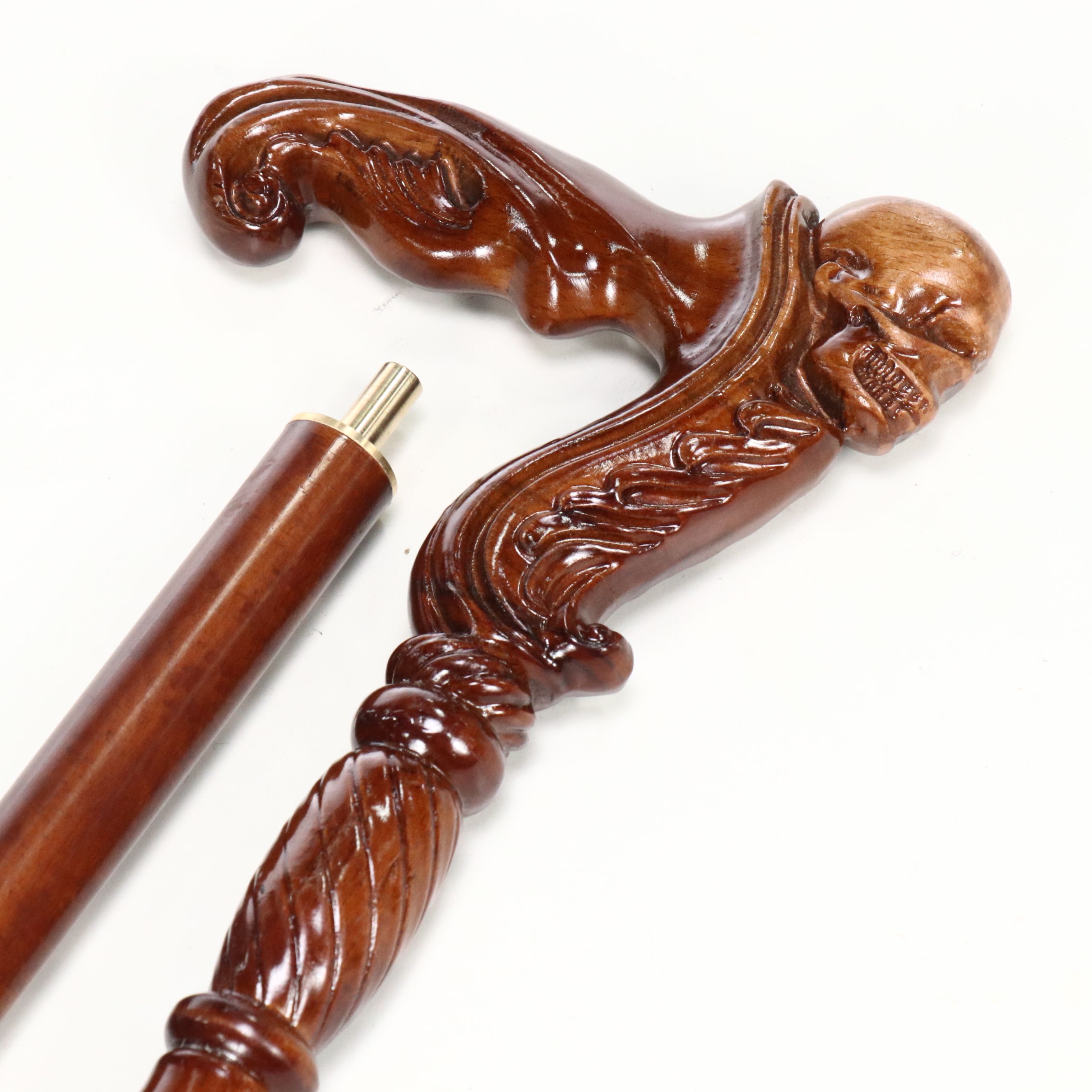 Carved Wood Skull Two-Piece Cane