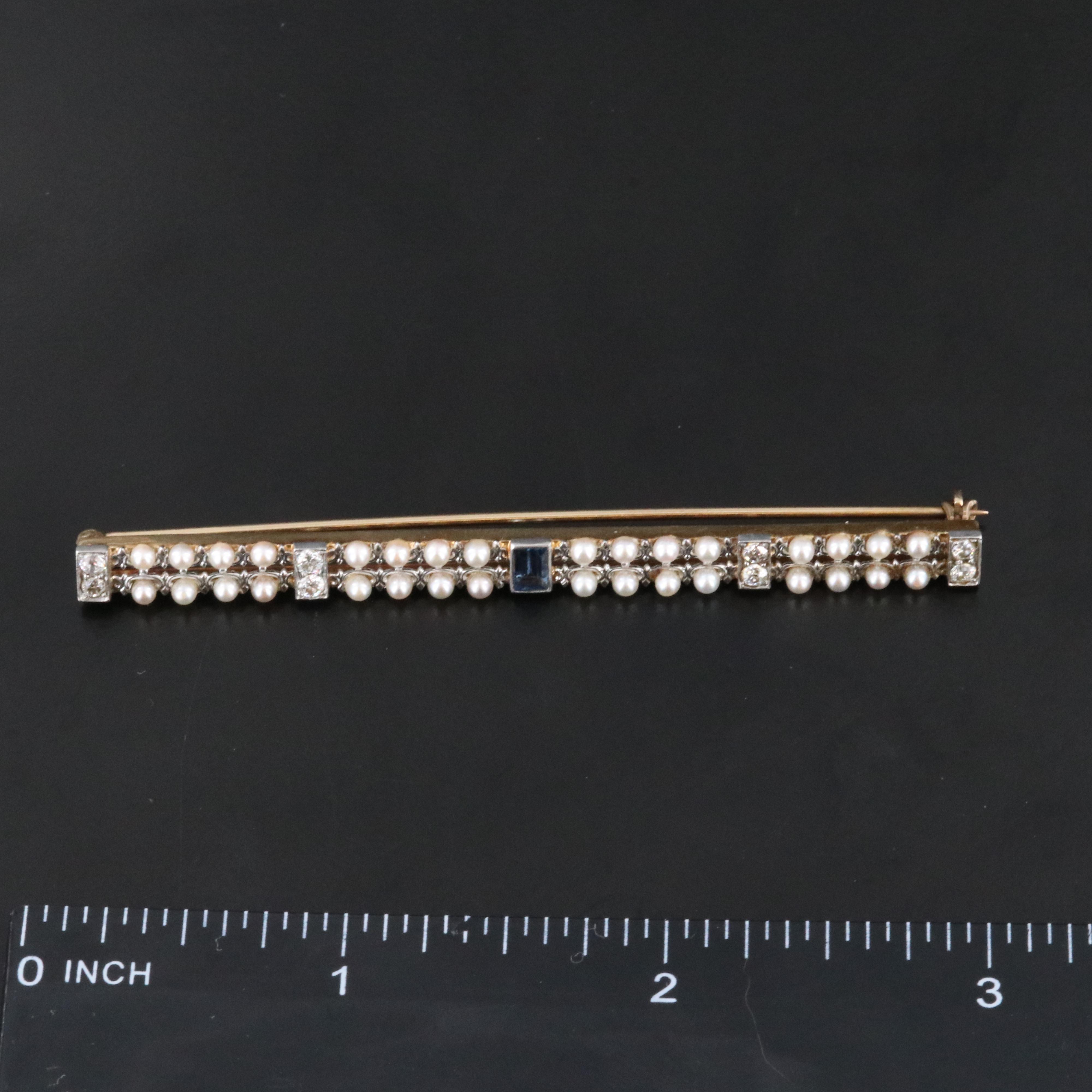 14K Sapphire, Diamond and Seed Pearl Bar Brooch with Platinum Accents