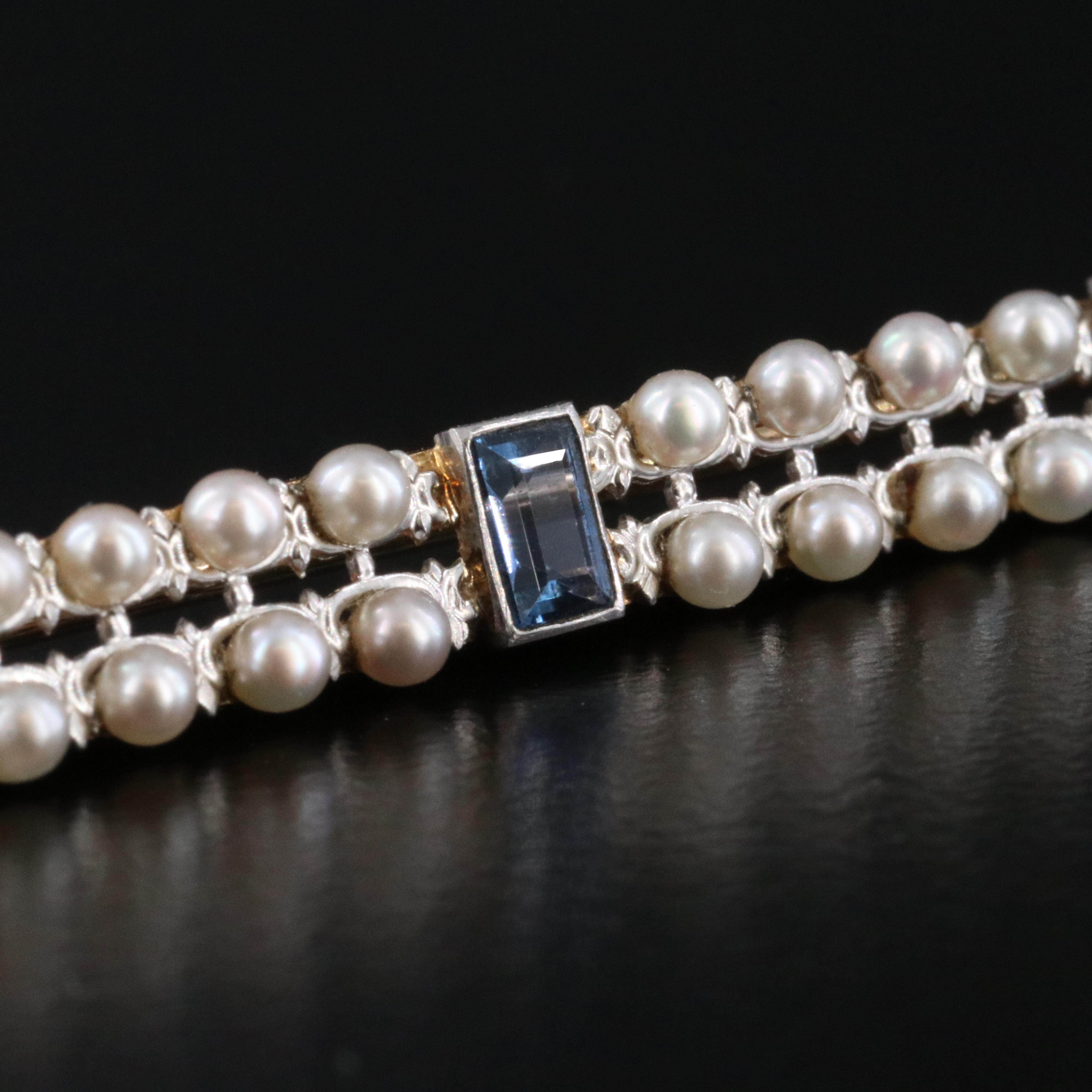 14K Sapphire, Diamond and Seed Pearl Bar Brooch with Platinum Accents
