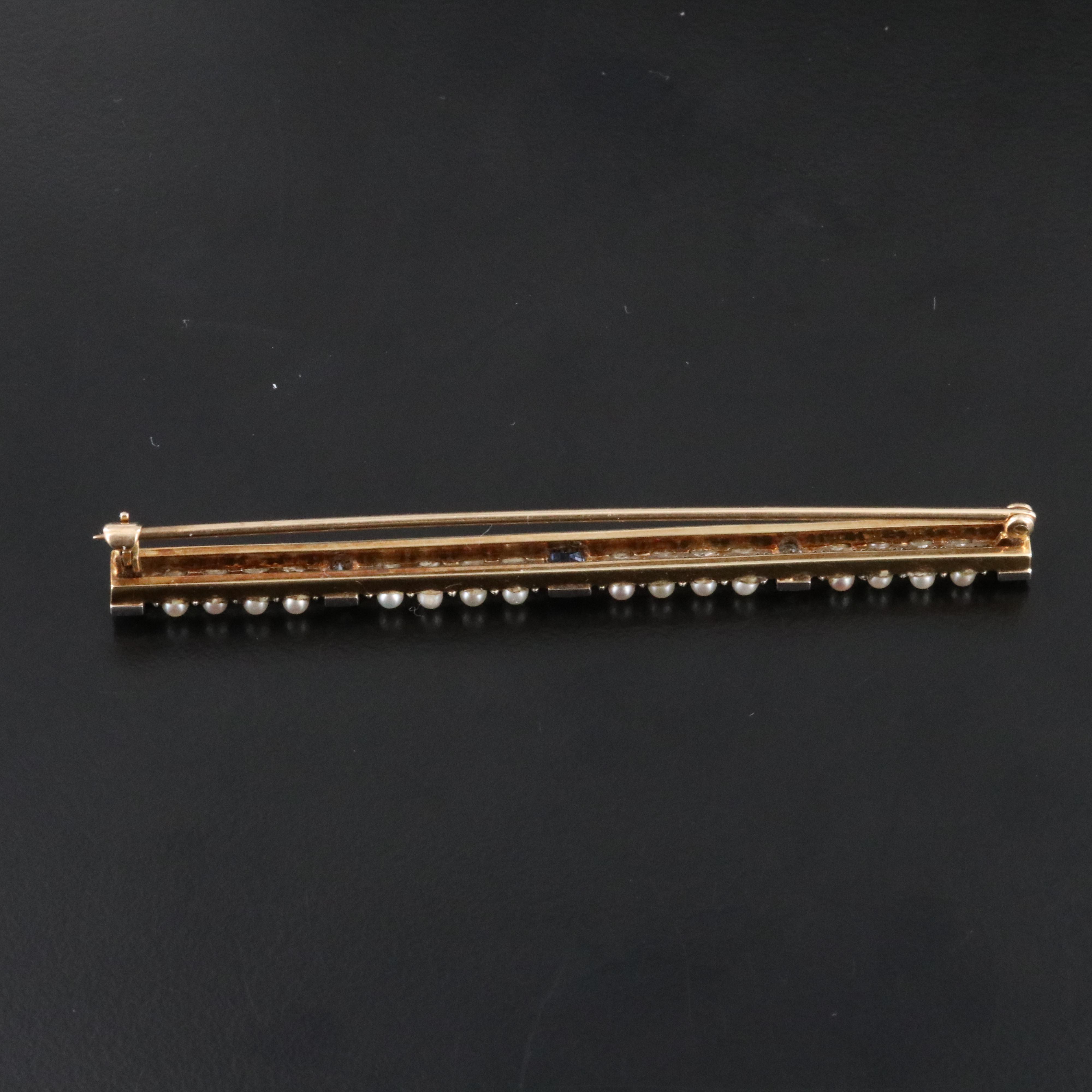 14K Sapphire, Diamond and Seed Pearl Bar Brooch with Platinum Accents