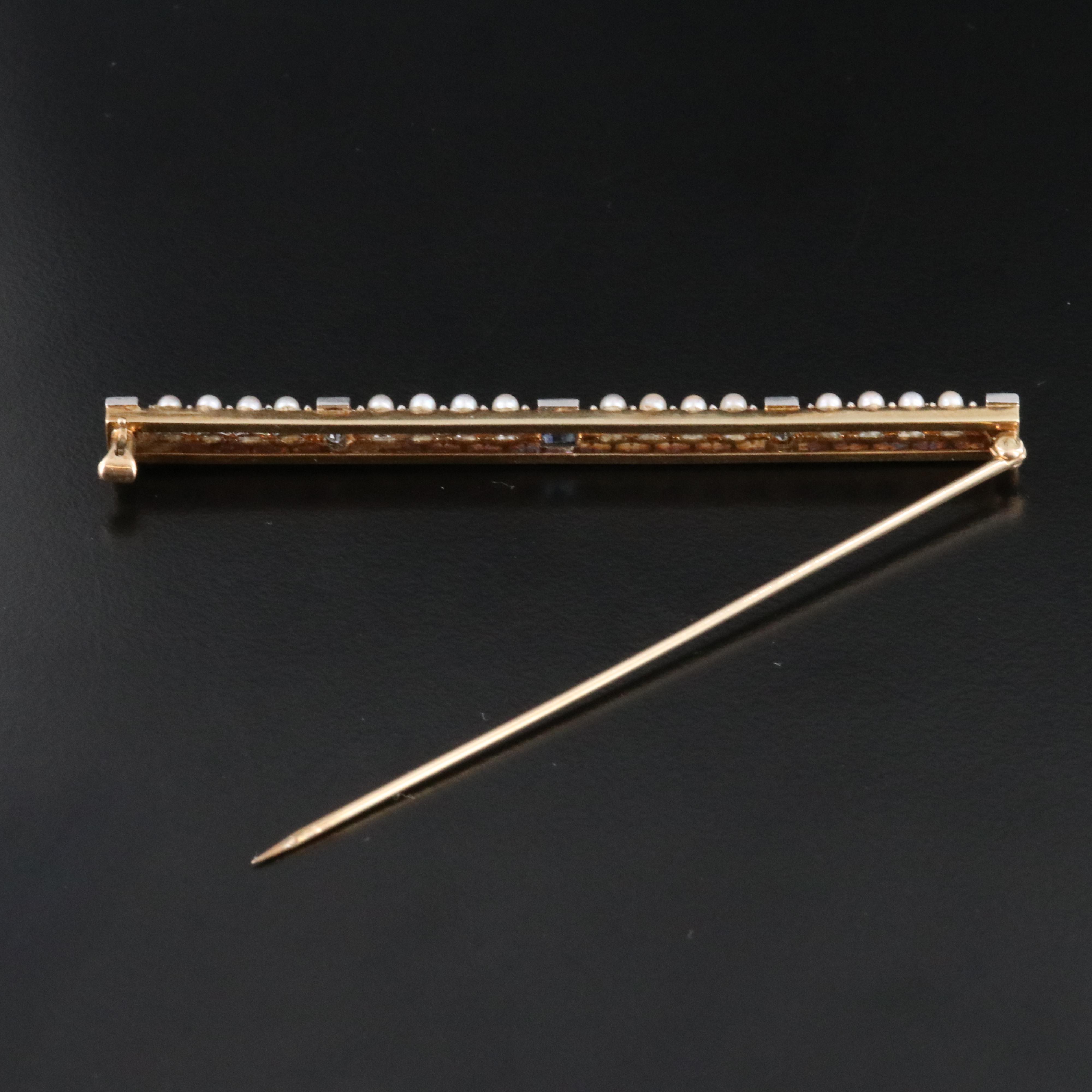 14K Sapphire, Diamond and Seed Pearl Bar Brooch with Platinum Accents