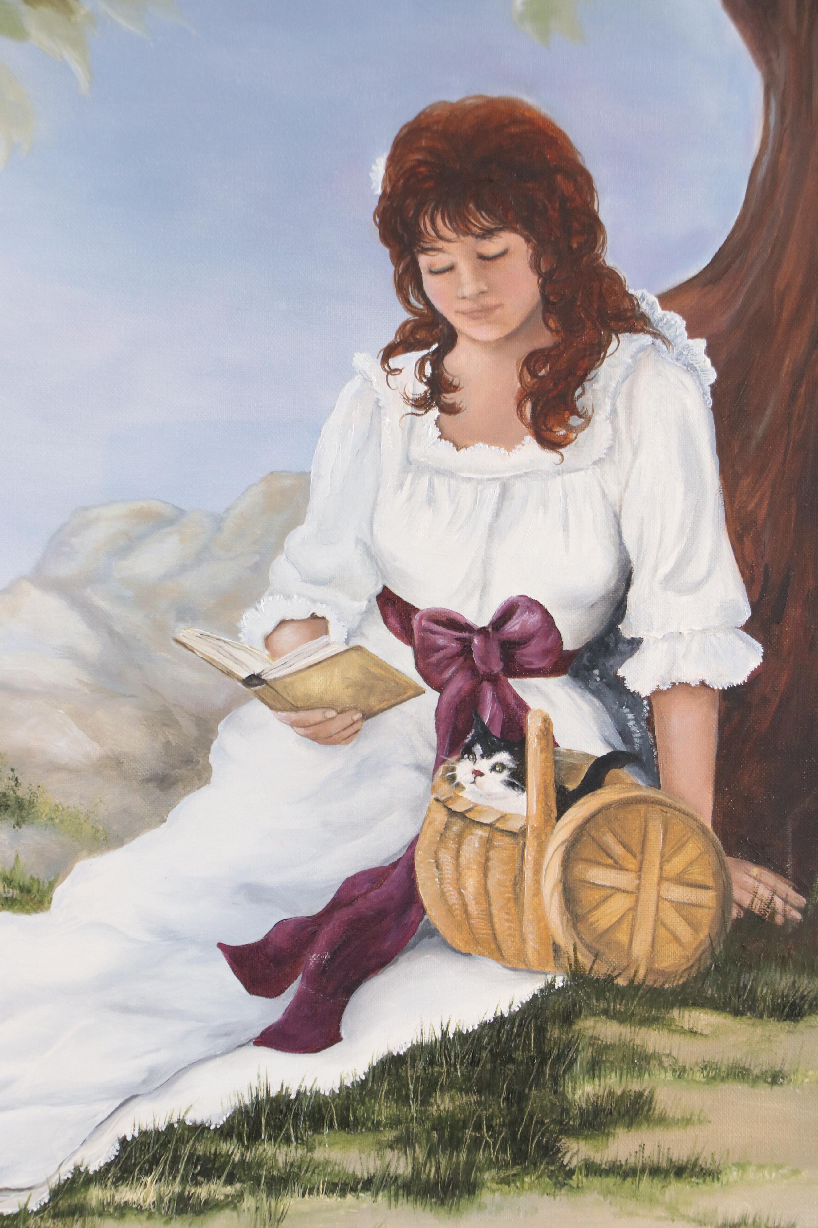 Mary Ann Acrylic Painting of Young Lady Reading with Kitten in Basket