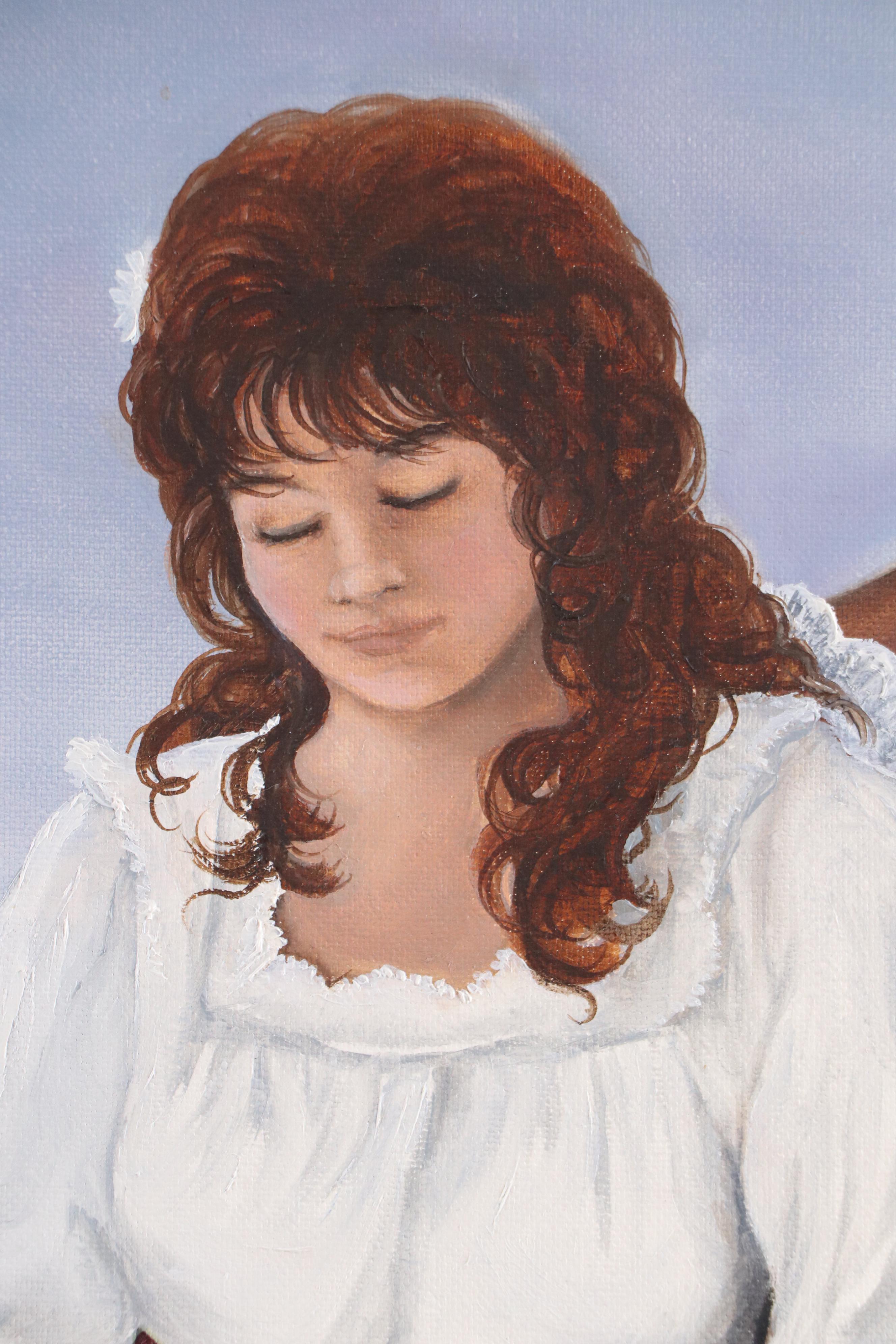 Mary Ann Acrylic Painting of Young Lady Reading with Kitten in Basket