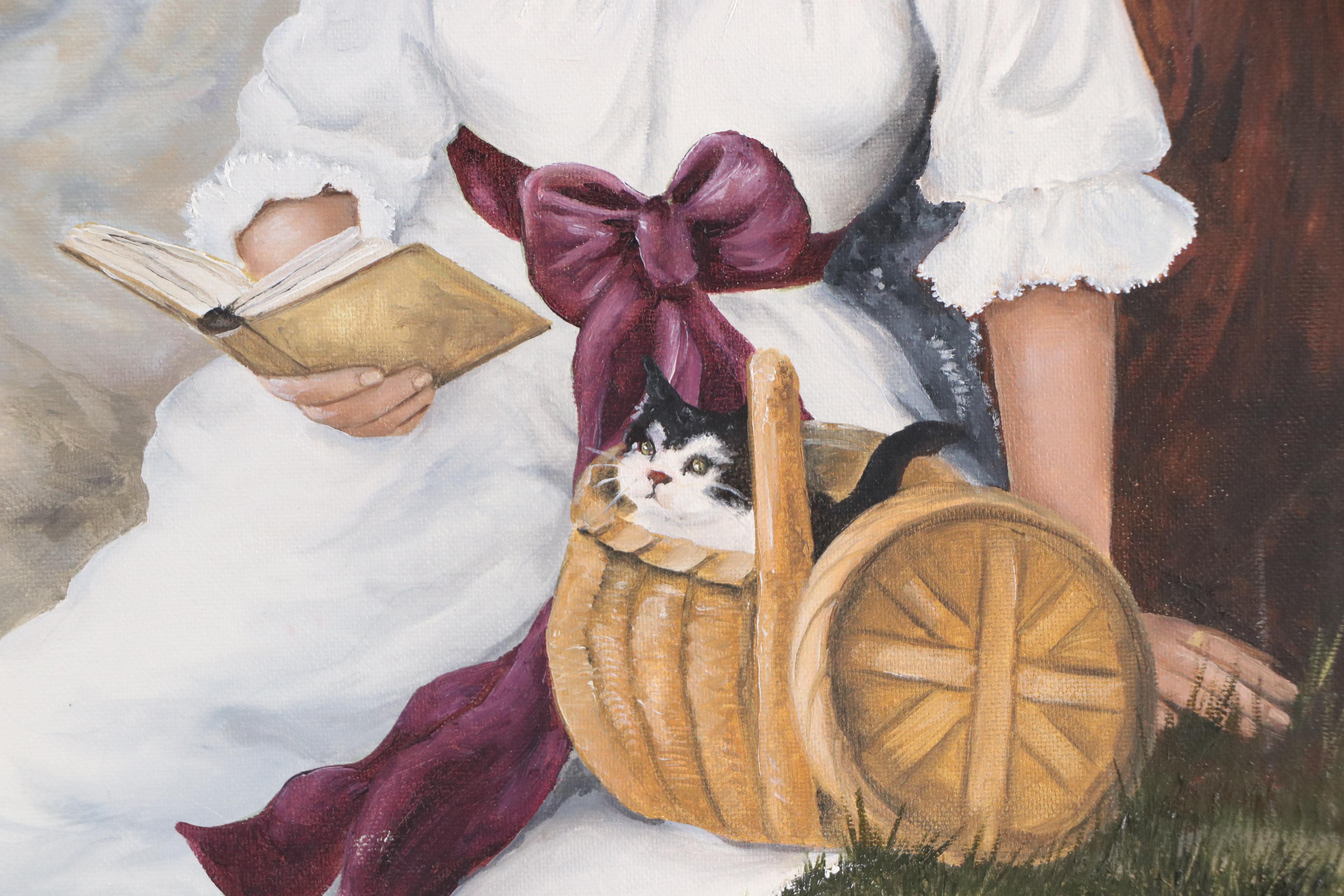 Mary Ann Acrylic Painting of Young Lady Reading with Kitten in Basket