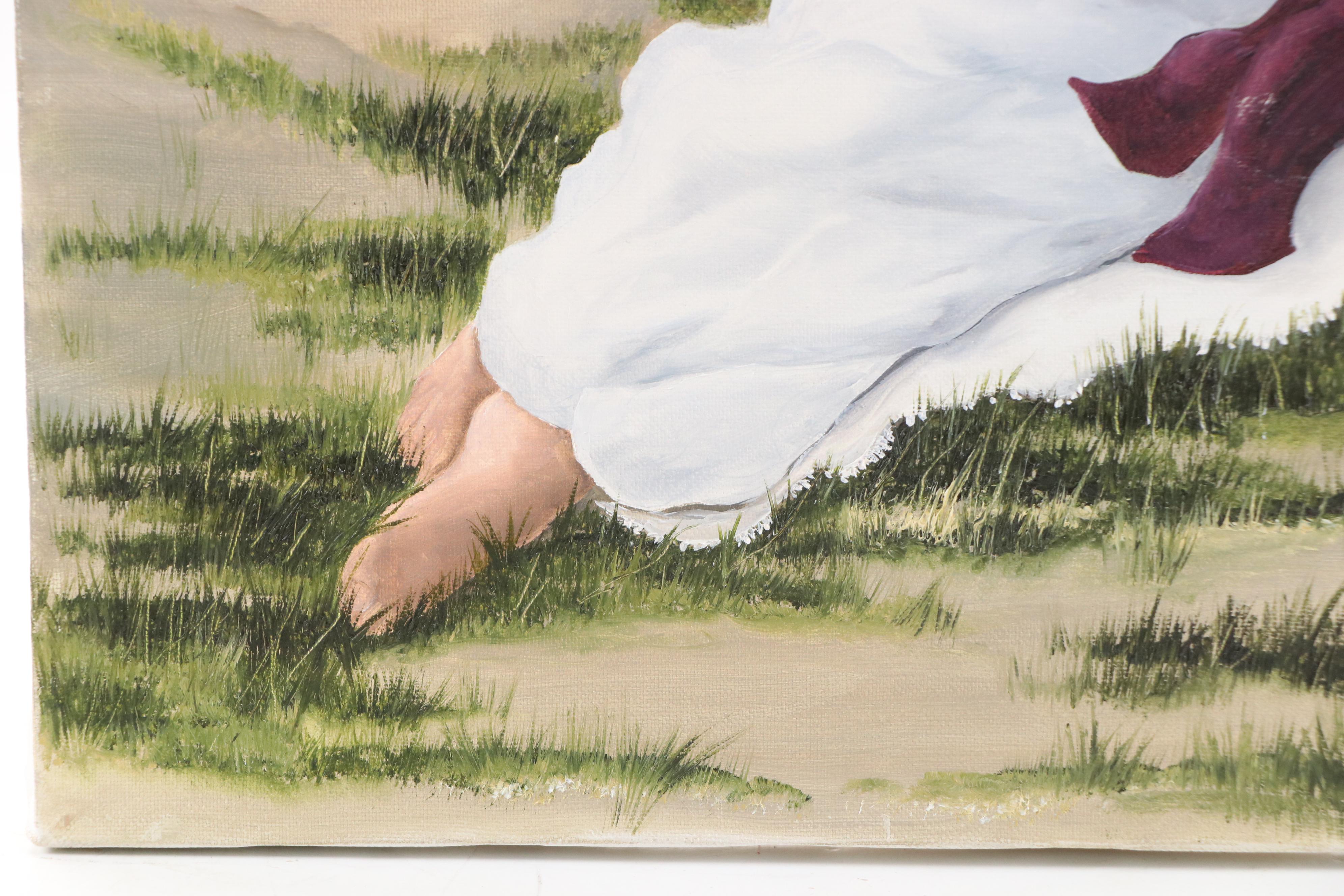 Mary Ann Acrylic Painting of Young Lady Reading with Kitten in Basket