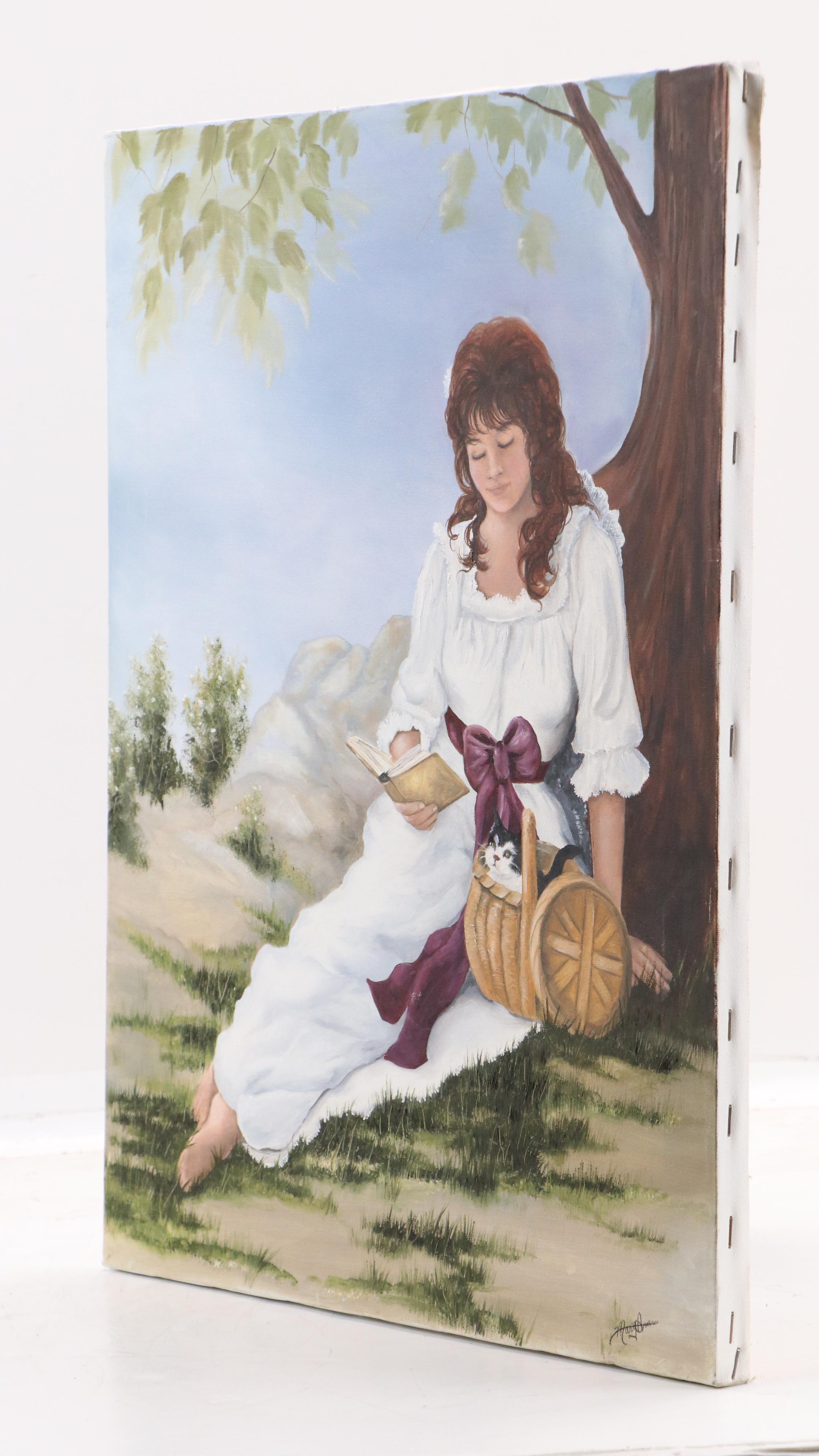 Mary Ann Acrylic Painting of Young Lady Reading with Kitten in Basket