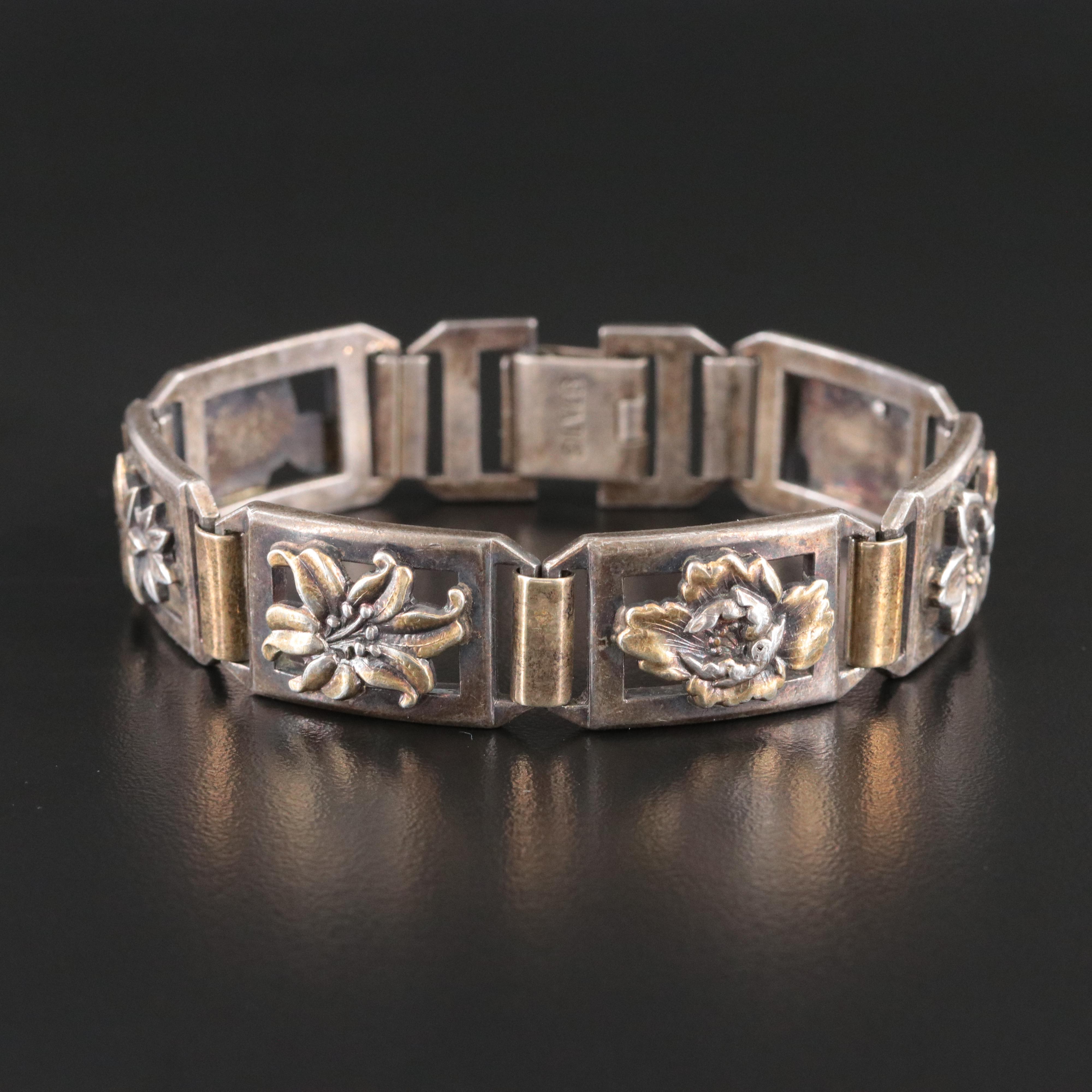 Vintage Sterling Two-Tone Floral Panel Bracelet