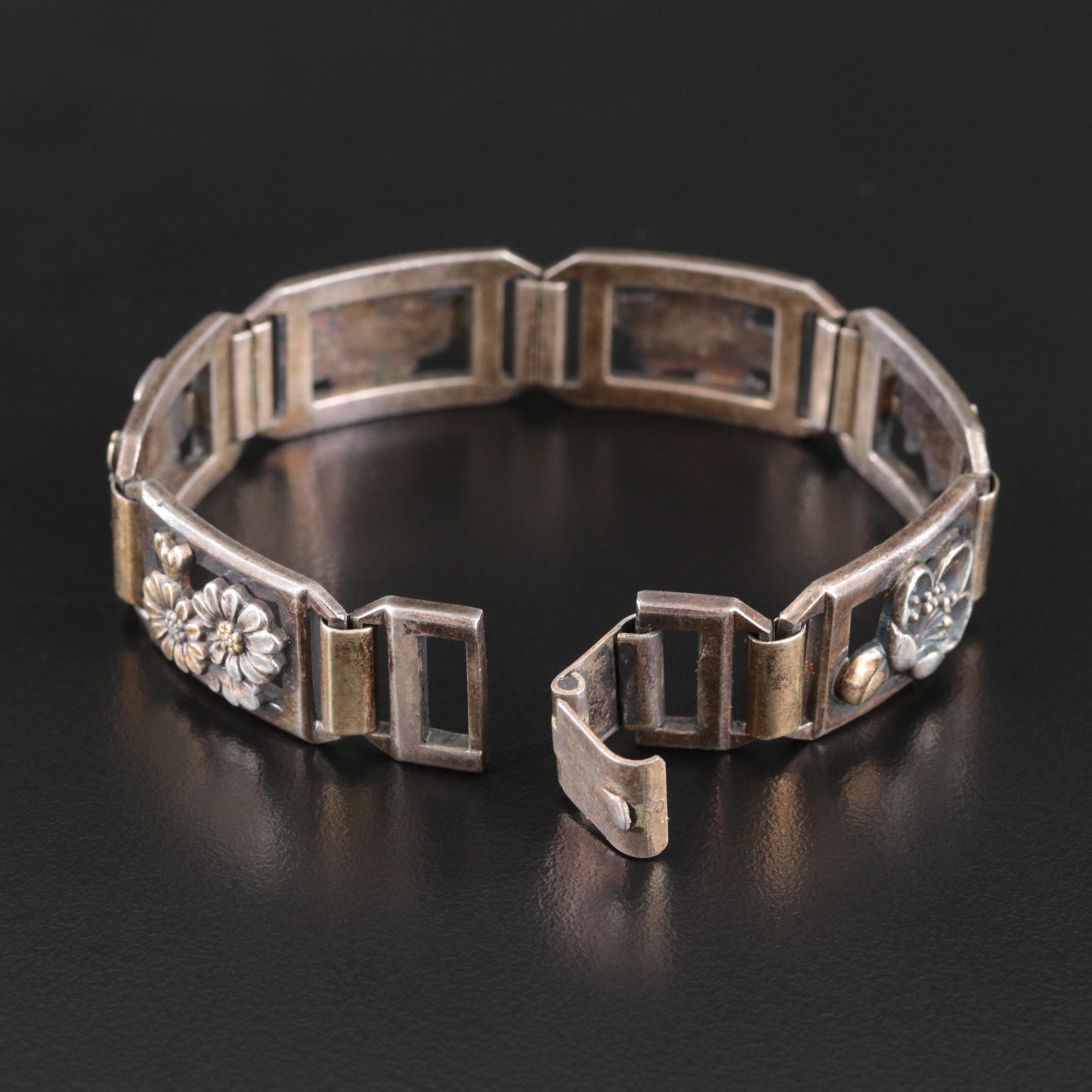 Vintage Sterling Two-Tone Floral Panel Bracelet
