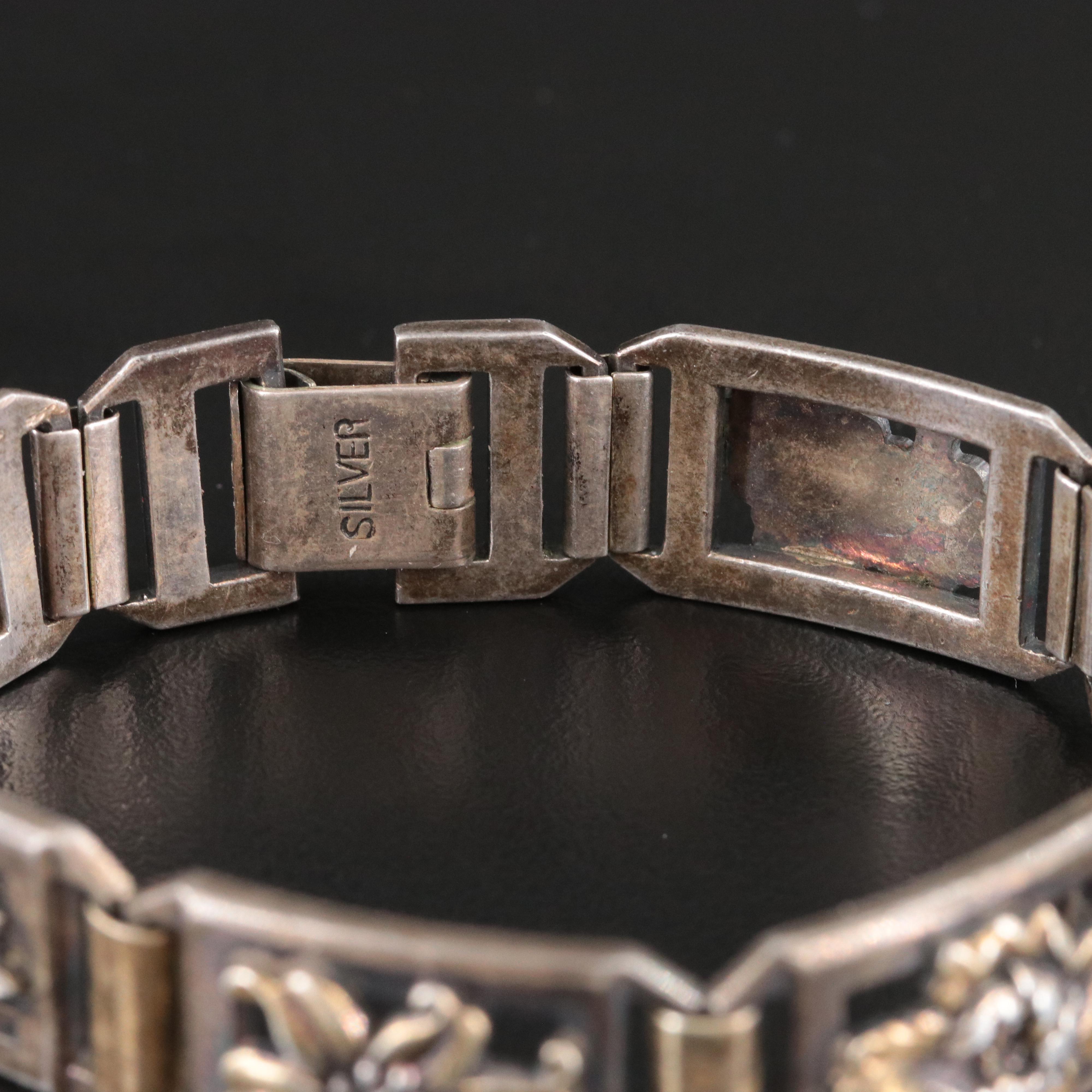 Vintage Sterling Two-Tone Floral Panel Bracelet