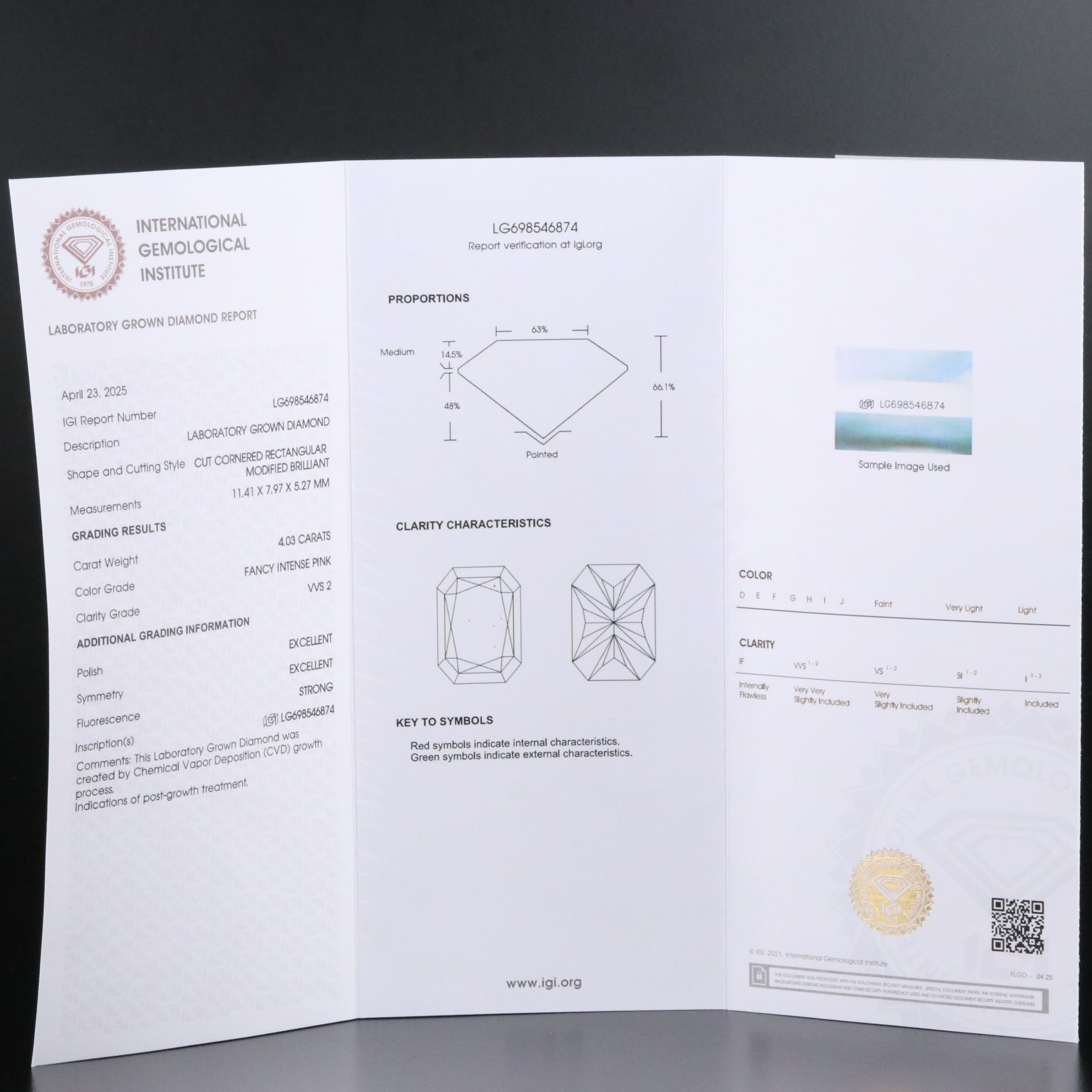 14K 4.03 CT Fancy Intense Pink Lab Grown Diamond Necklace with IGI Report