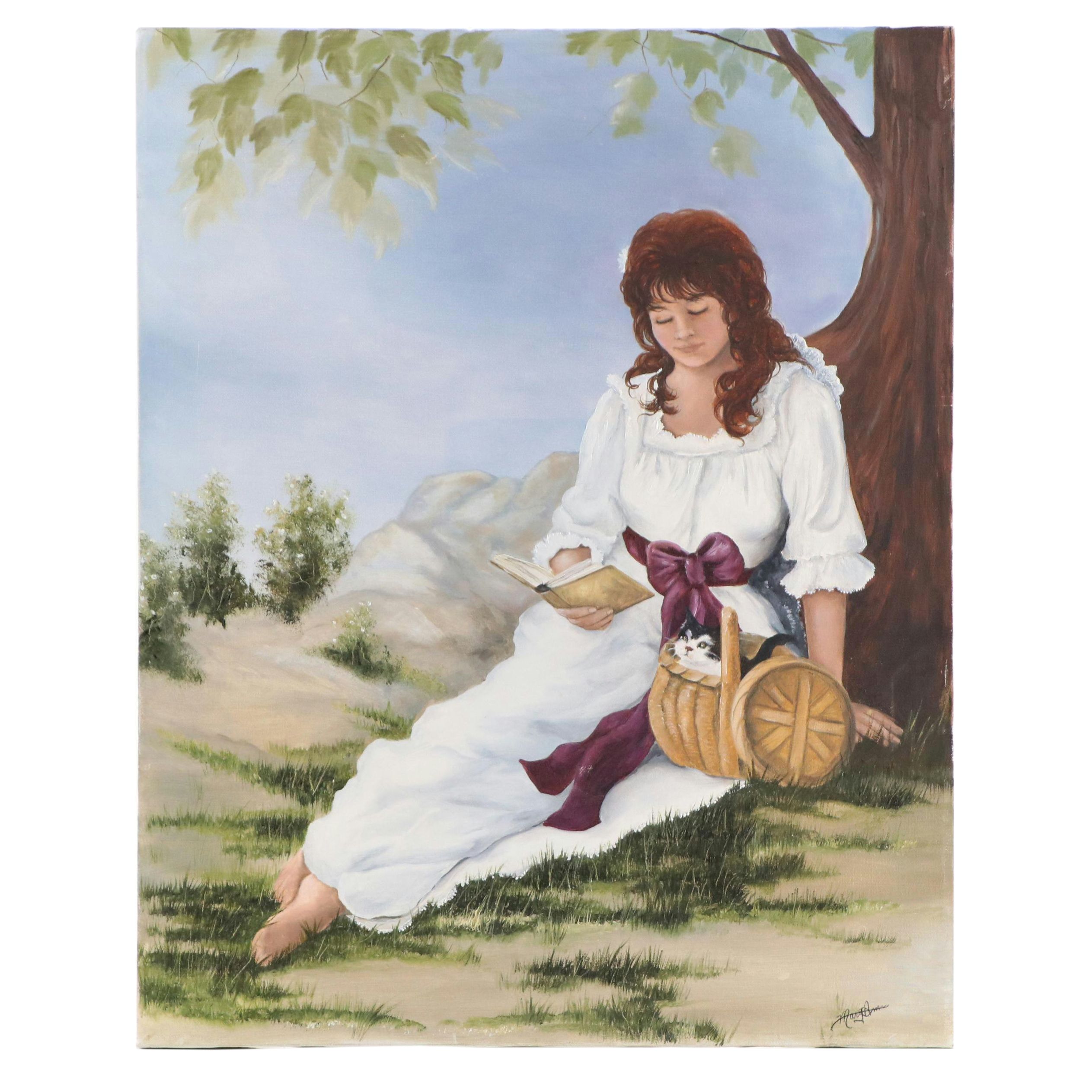 Mary Ann Acrylic Painting of Young Lady Reading with Kitten in Basket