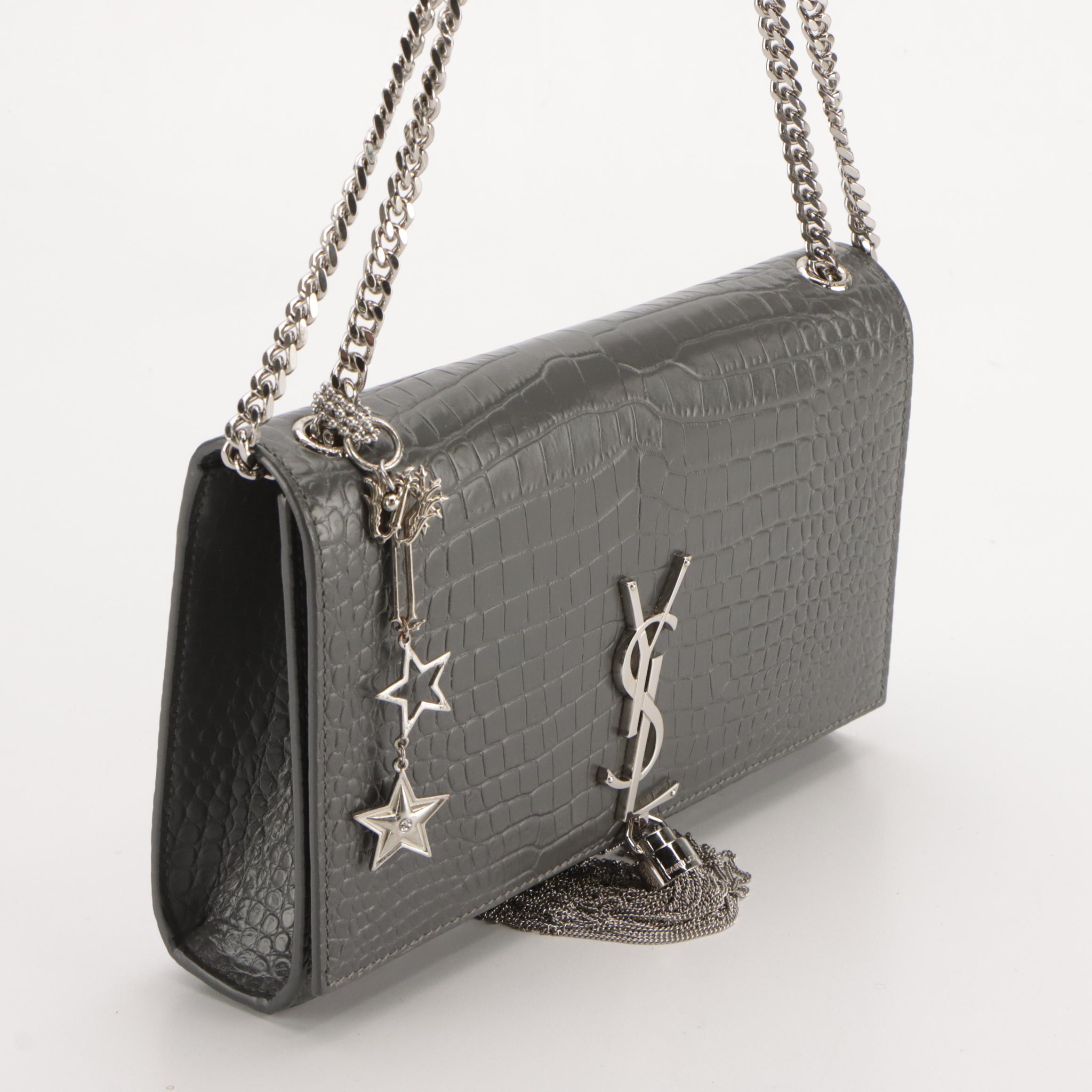 Saint Laurent Grey Croc-Embossed Leather Medium Classic YSL Monogram Tassel Bag