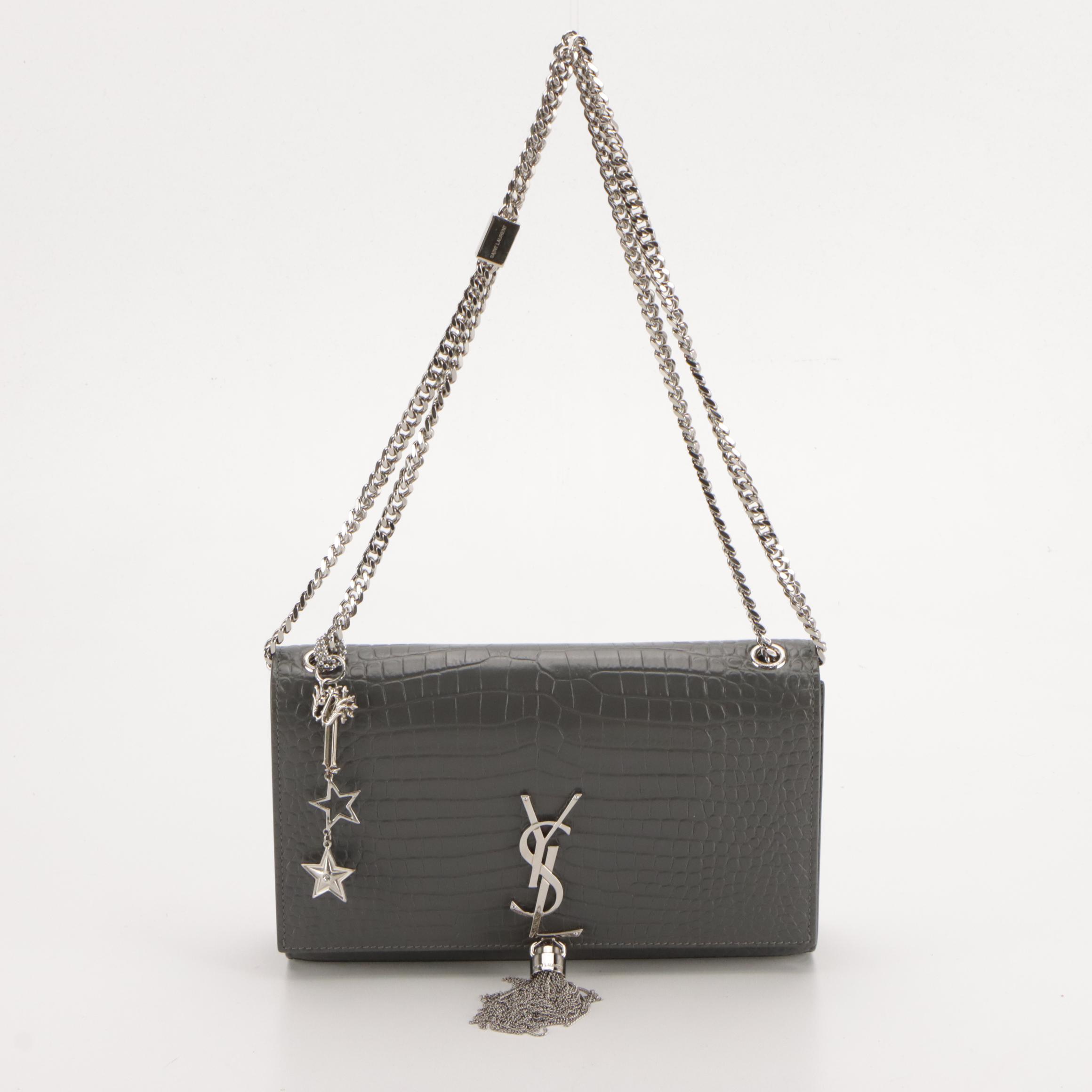 Saint Laurent Grey Croc-Embossed Leather Medium Classic YSL Monogram Tassel Bag