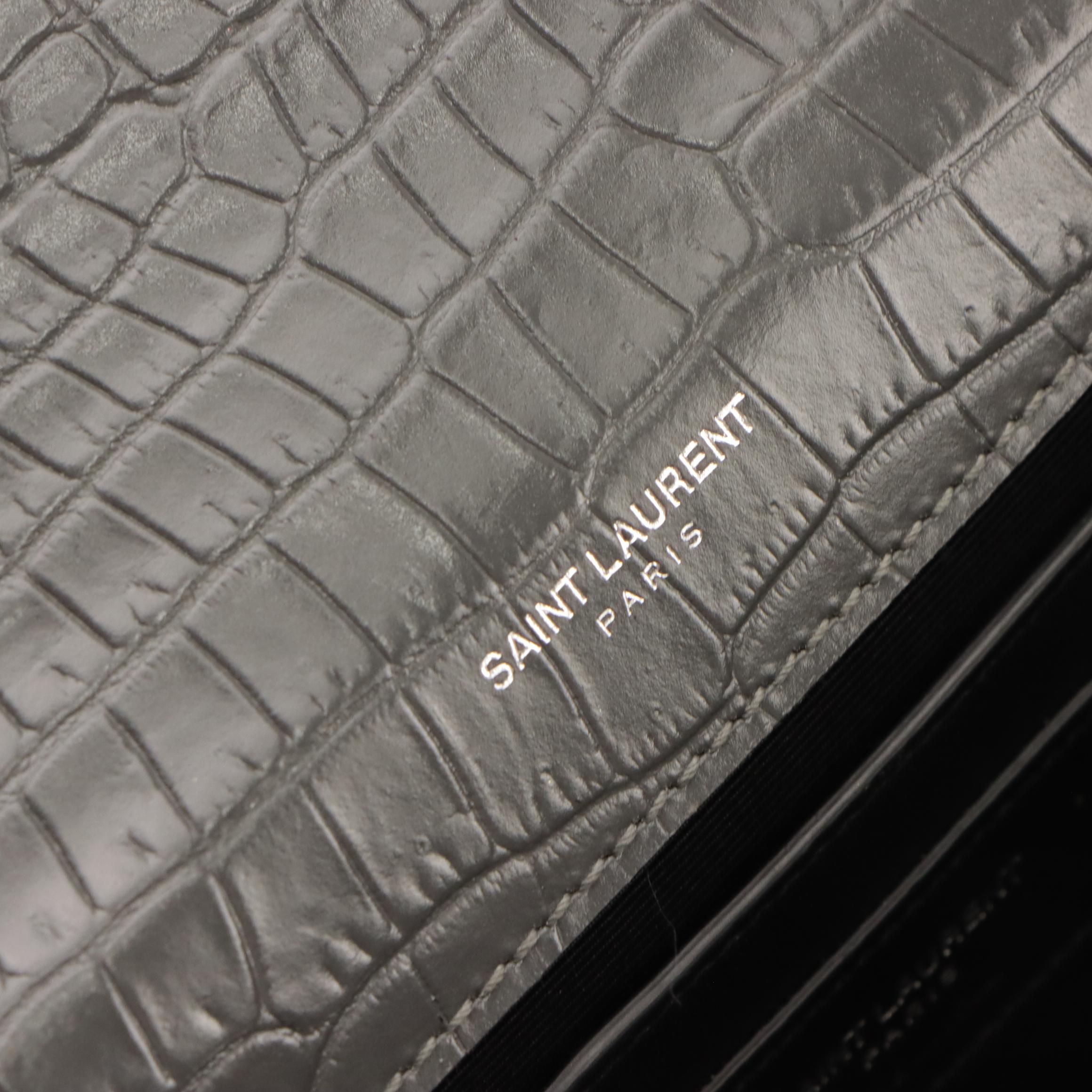 Saint Laurent Grey Croc-Embossed Leather Medium Classic YSL Monogram Tassel Bag