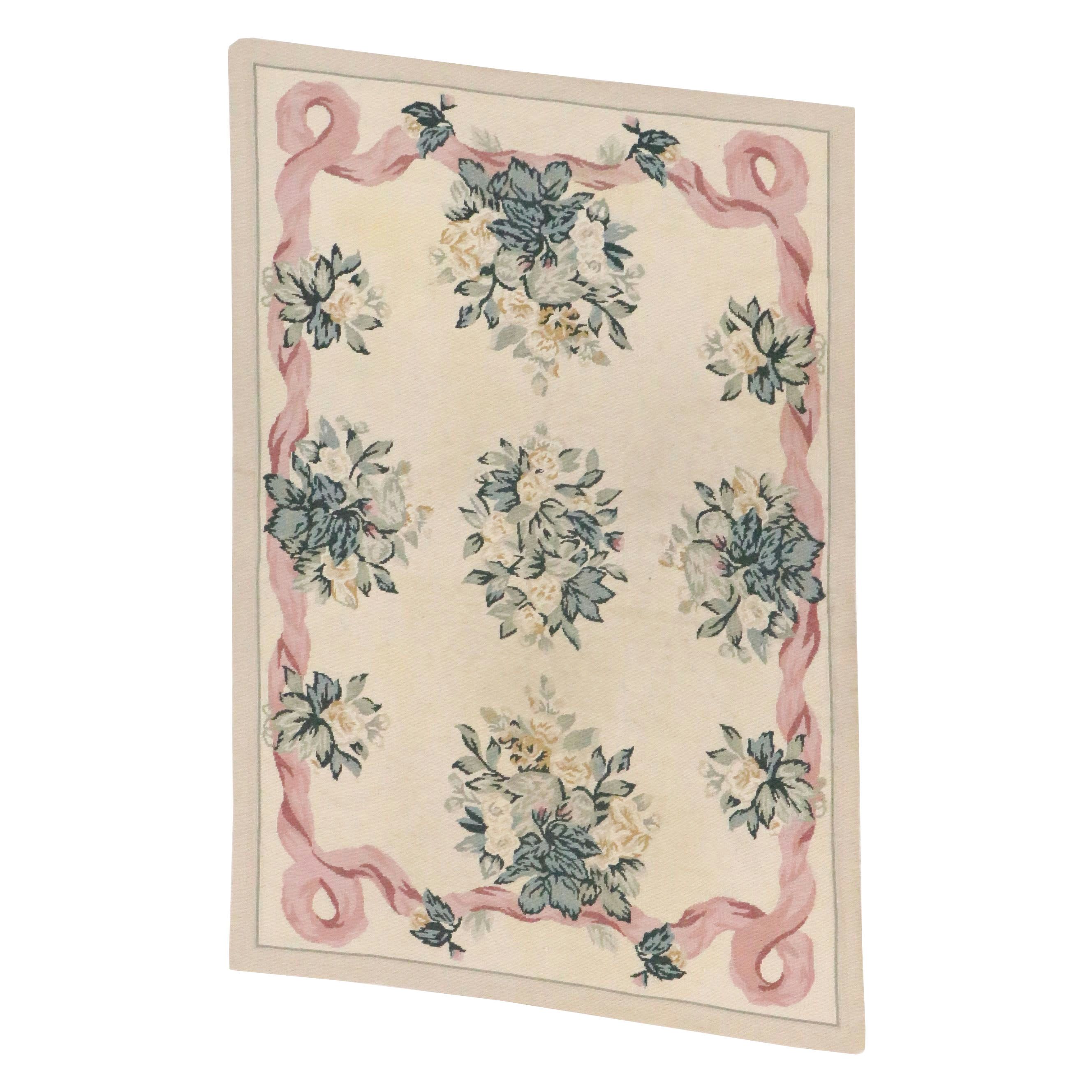 3'9 x 5'7 Handmade Ribbon Floral Needlepoint Area Rug