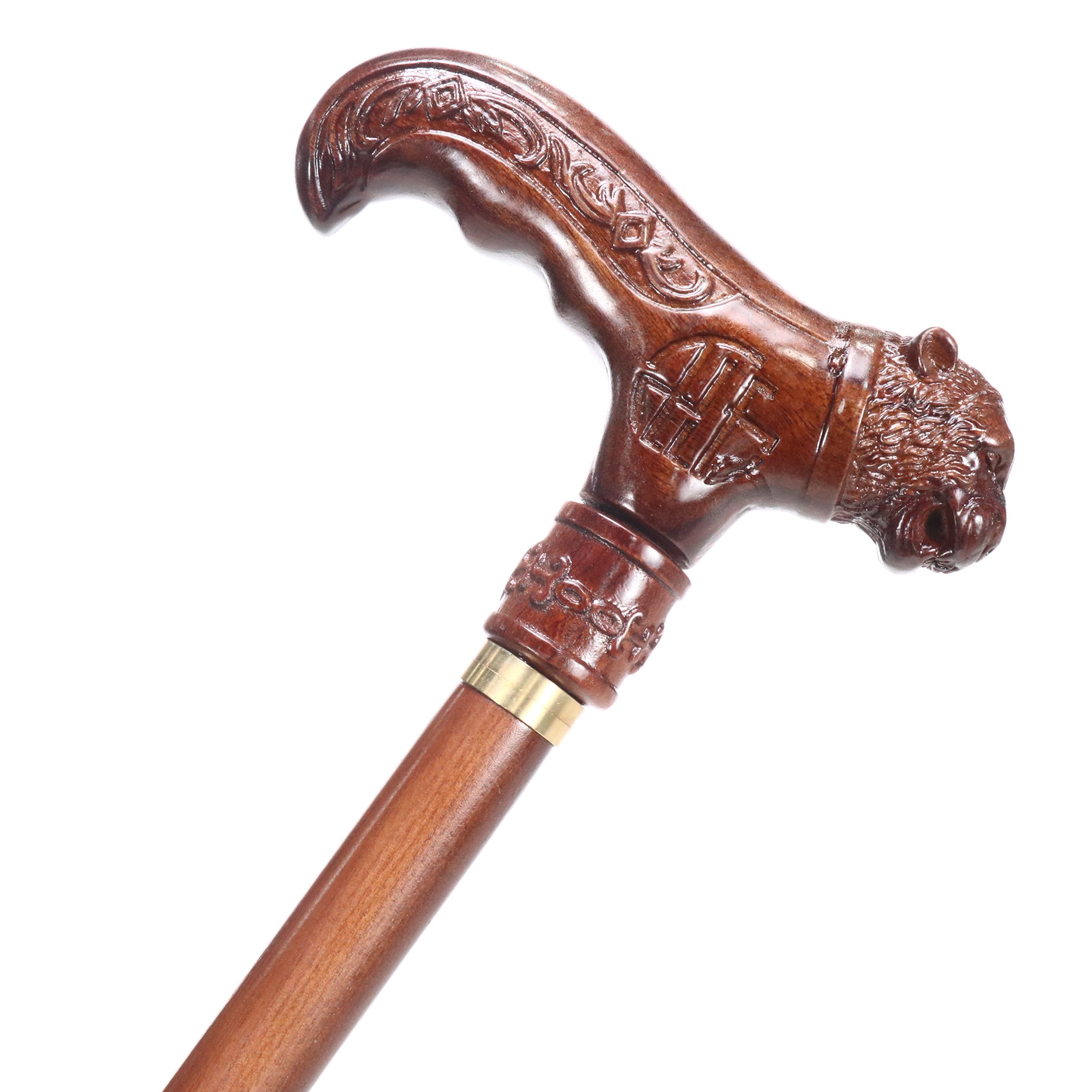 Carved Wood Tiger Derby-Handled Cane