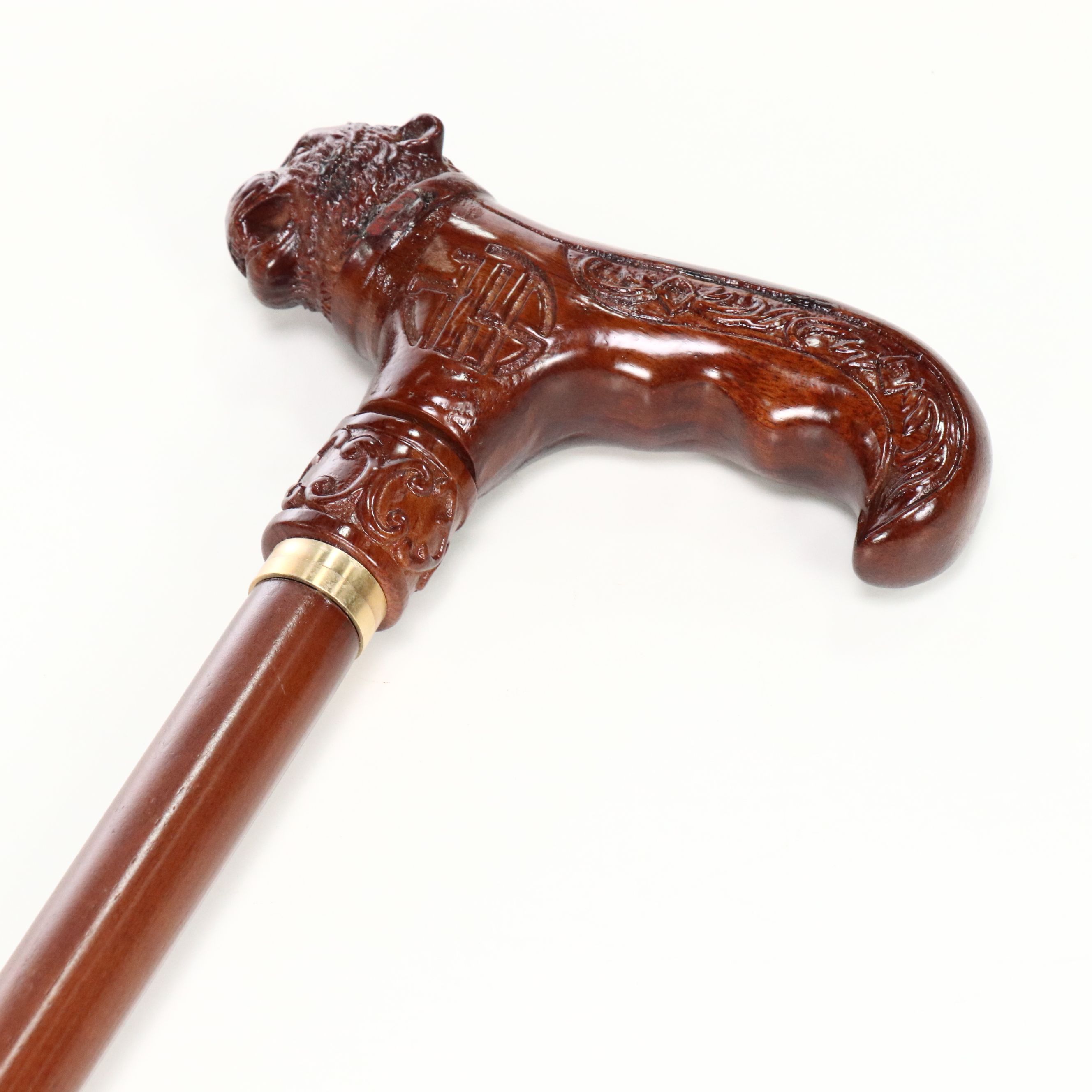 Carved Wood Tiger Derby-Handled Cane