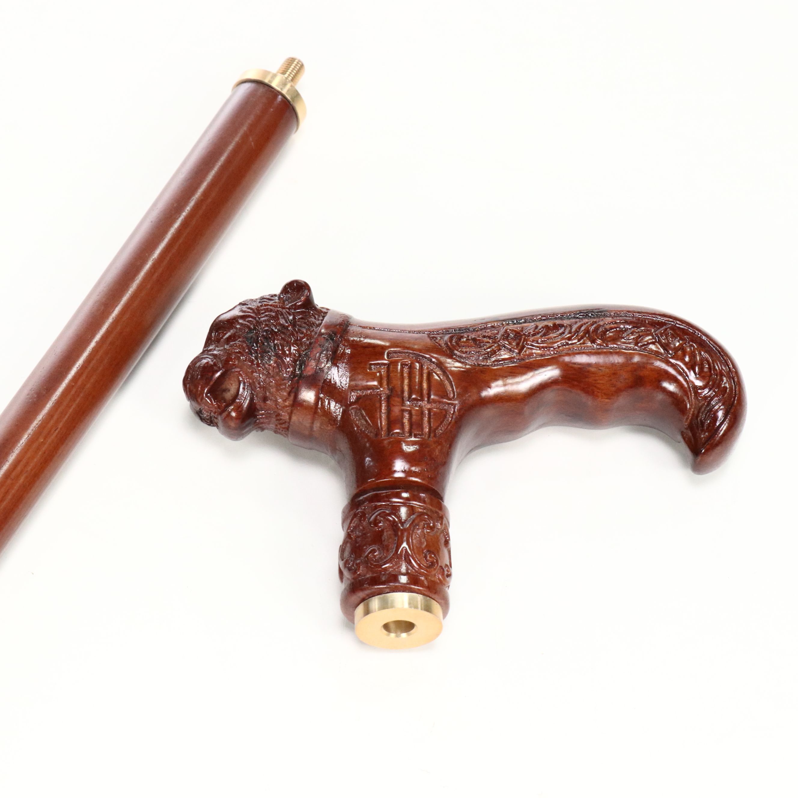 Carved Wood Tiger Derby-Handled Cane