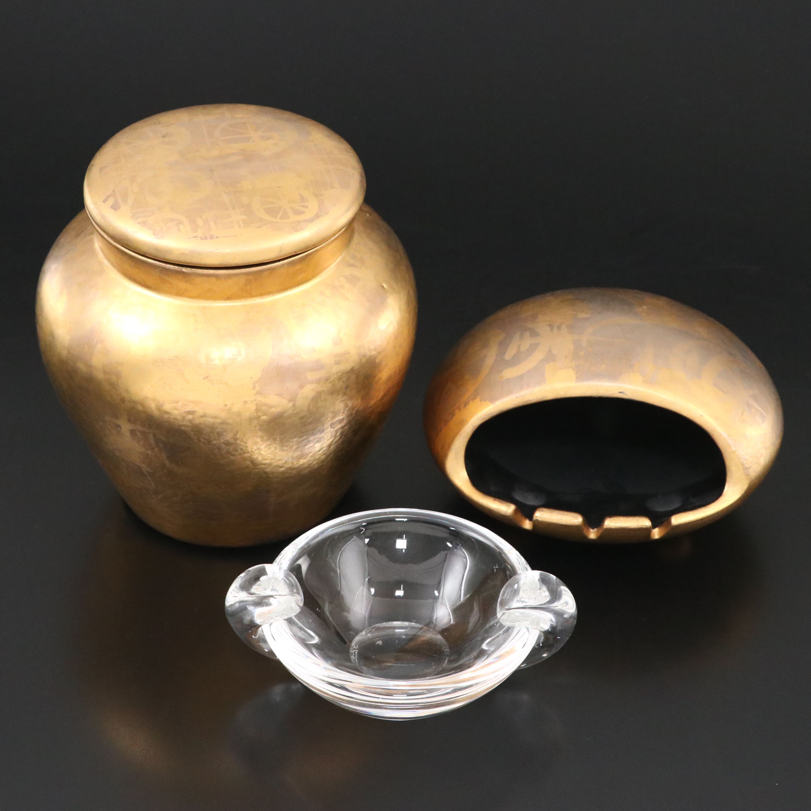 Sascha Brastoff Handmade Gilt Ceramic Vessels with Steuben Crystal Ashtray