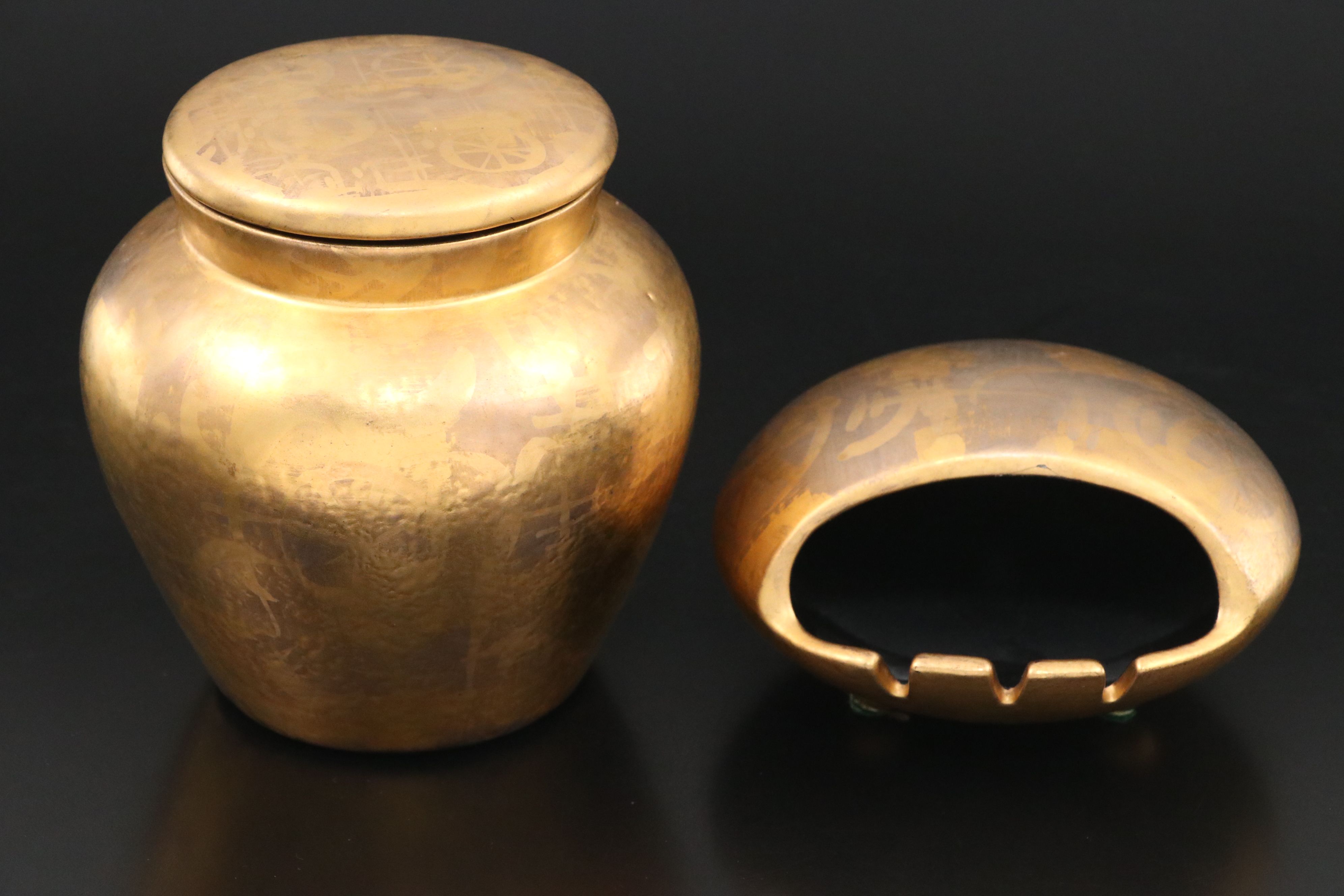 Sascha Brastoff Handmade Gilt Ceramic Vessels with Steuben Crystal Ashtray