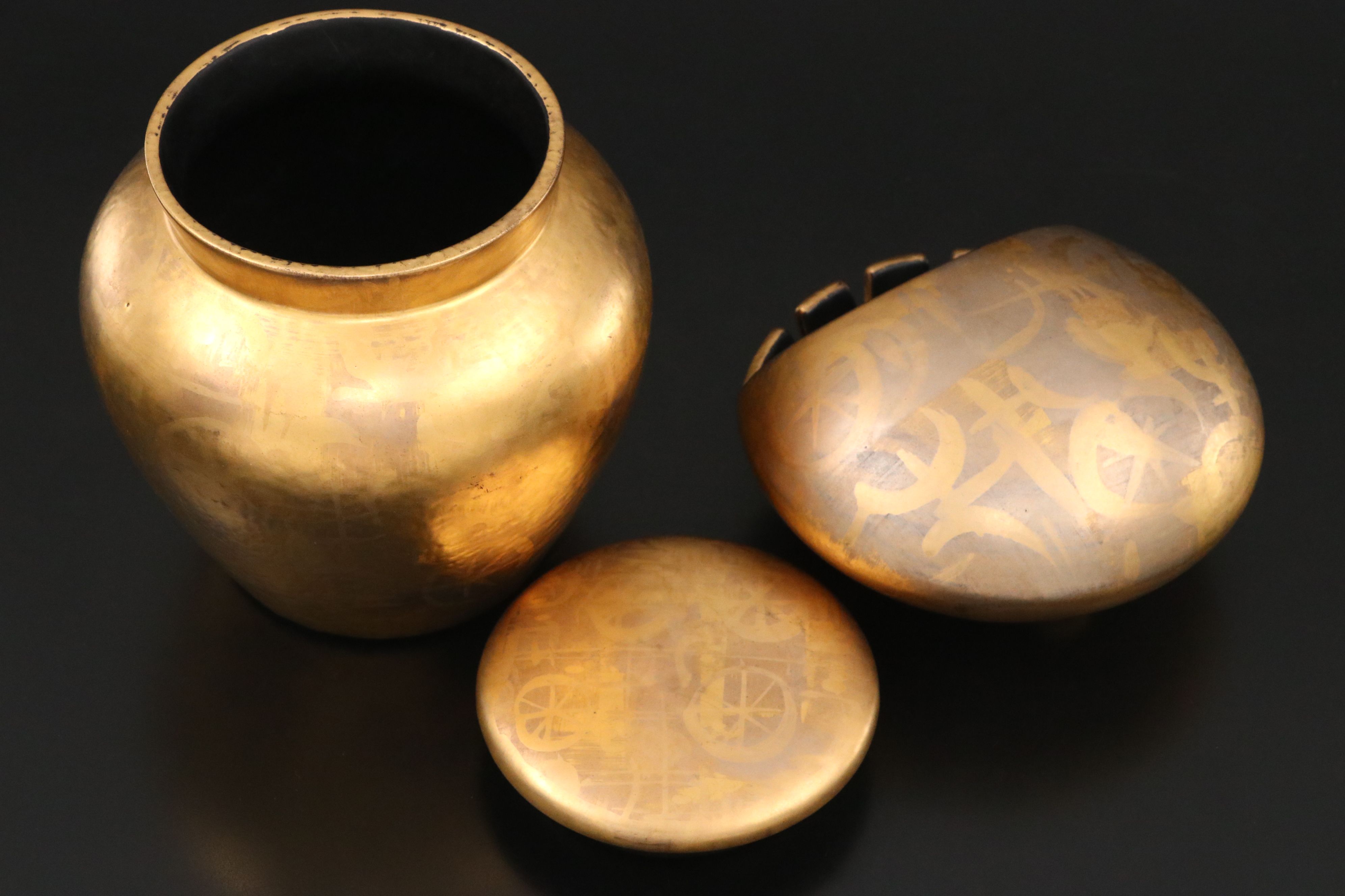 Sascha Brastoff Handmade Gilt Ceramic Vessels with Steuben Crystal Ashtray