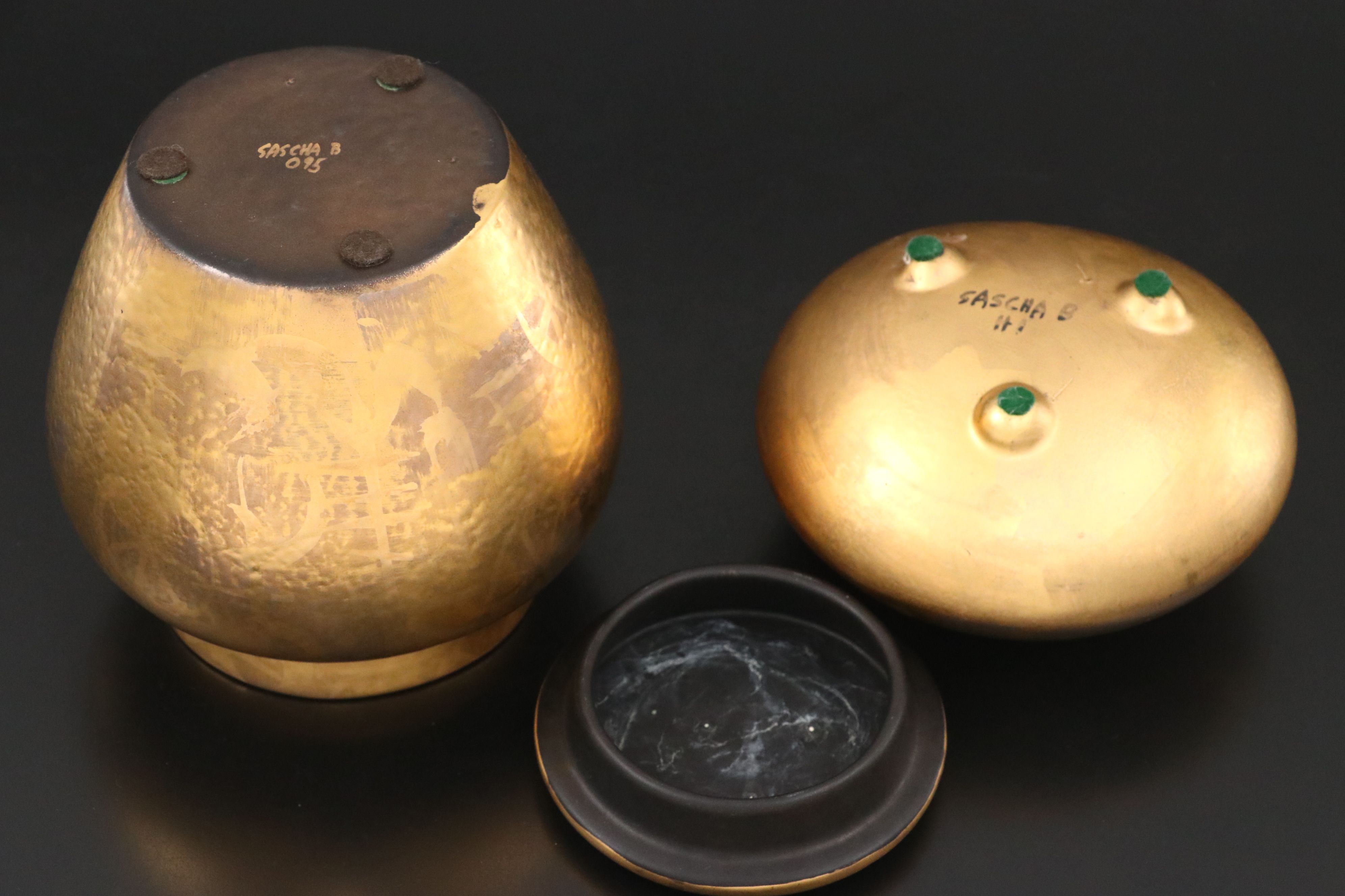 Sascha Brastoff Handmade Gilt Ceramic Vessels with Steuben Crystal Ashtray