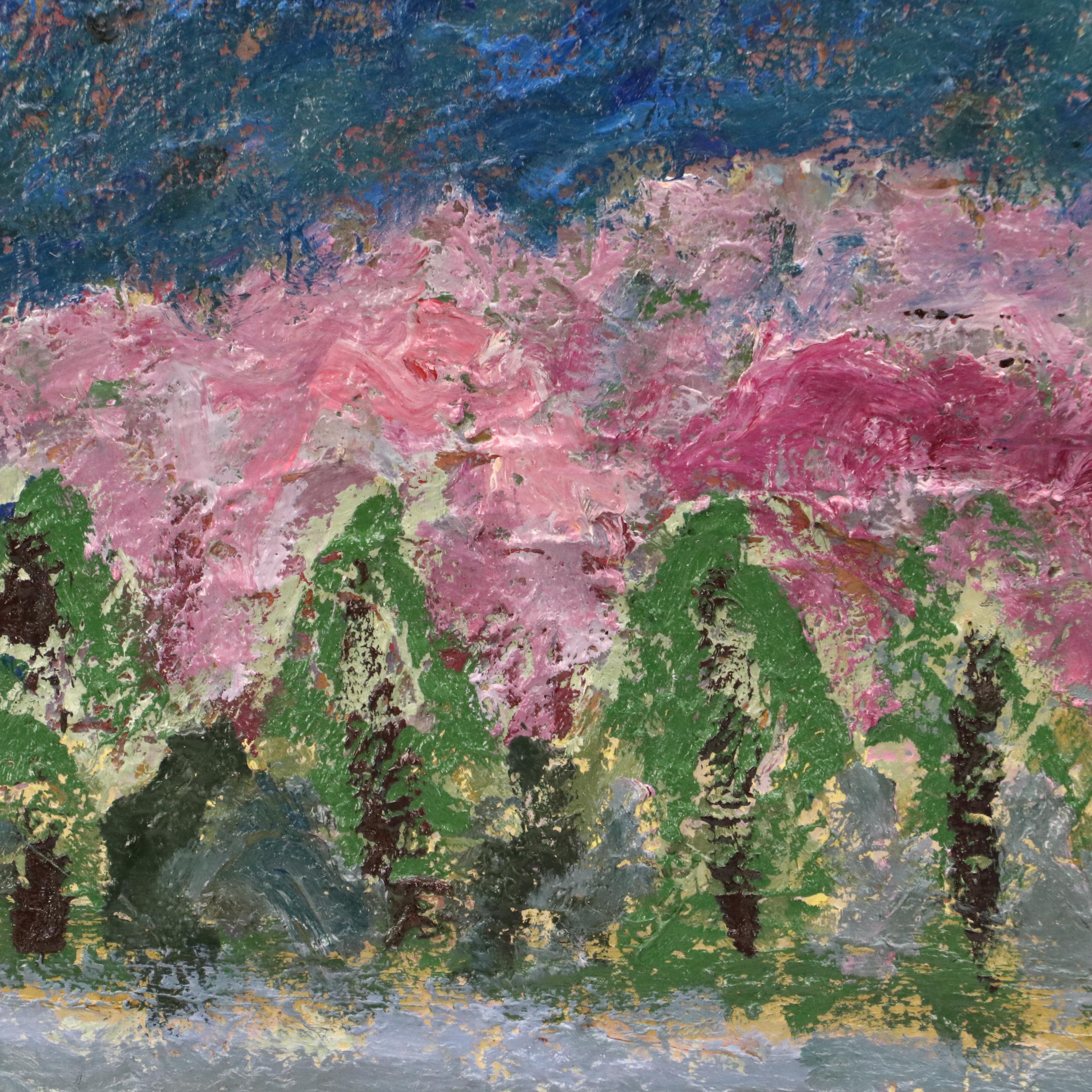 Impasto Acrylic Painting of Tree-Lined Hillside