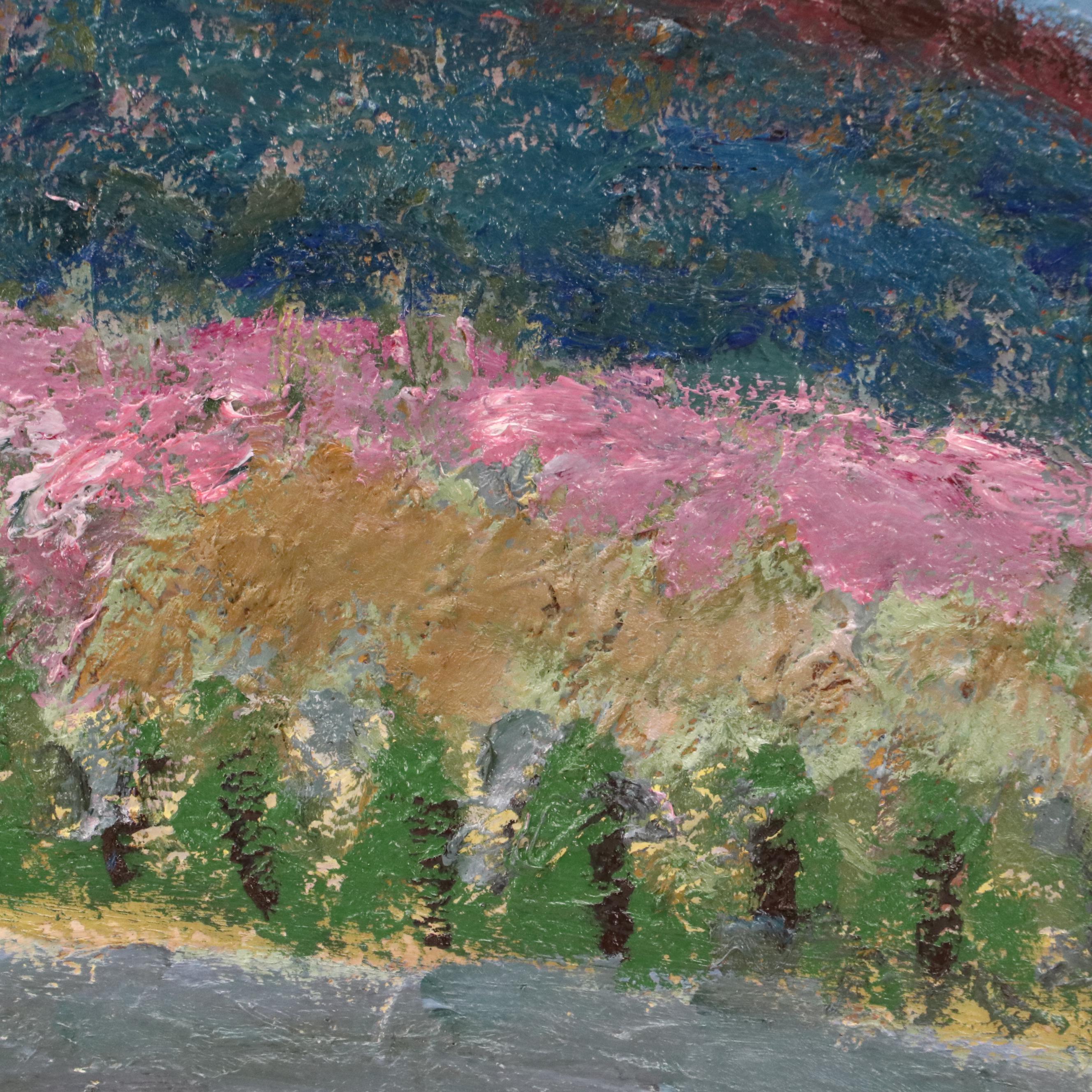 Impasto Acrylic Painting of Tree-Lined Hillside