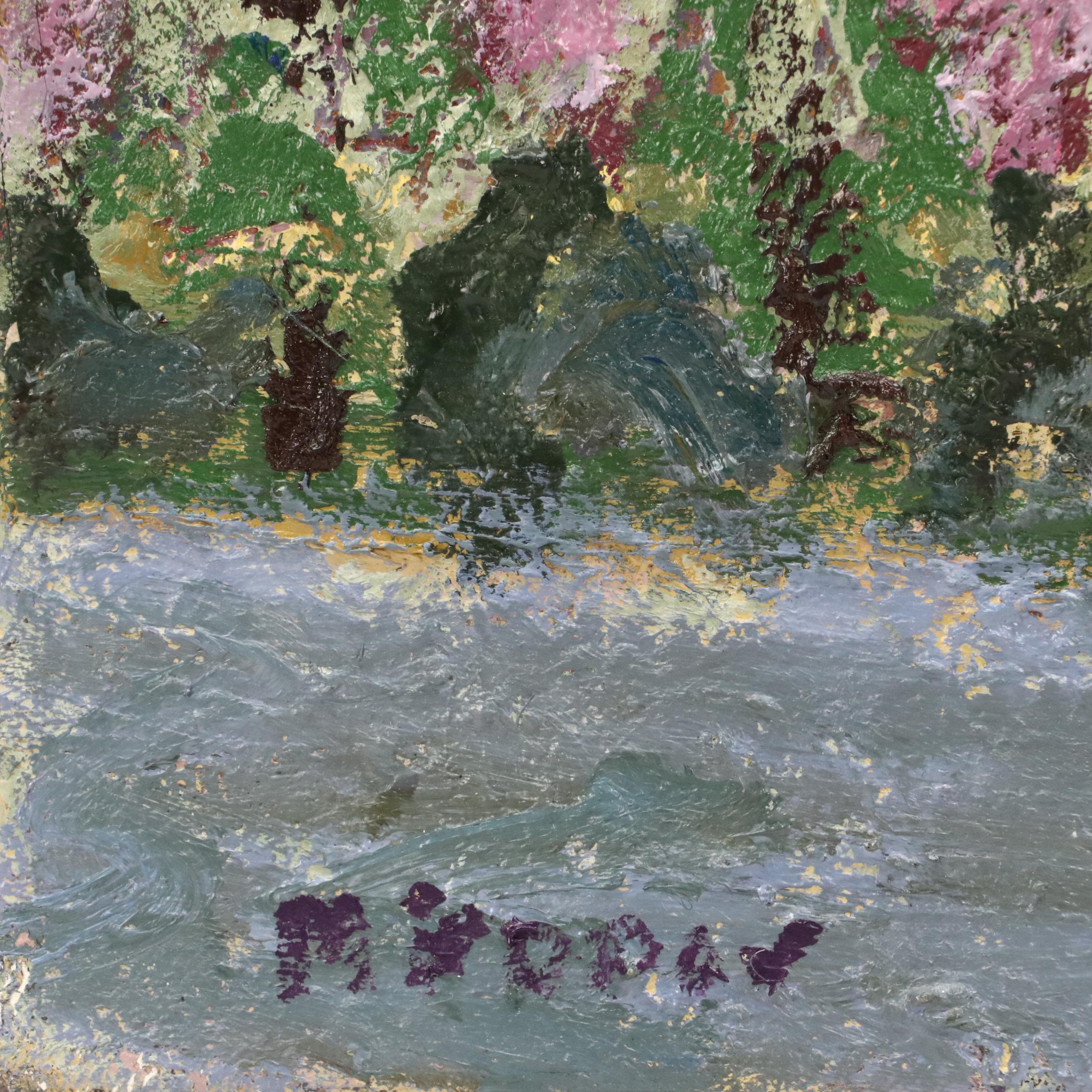 Impasto Acrylic Painting of Tree-Lined Hillside