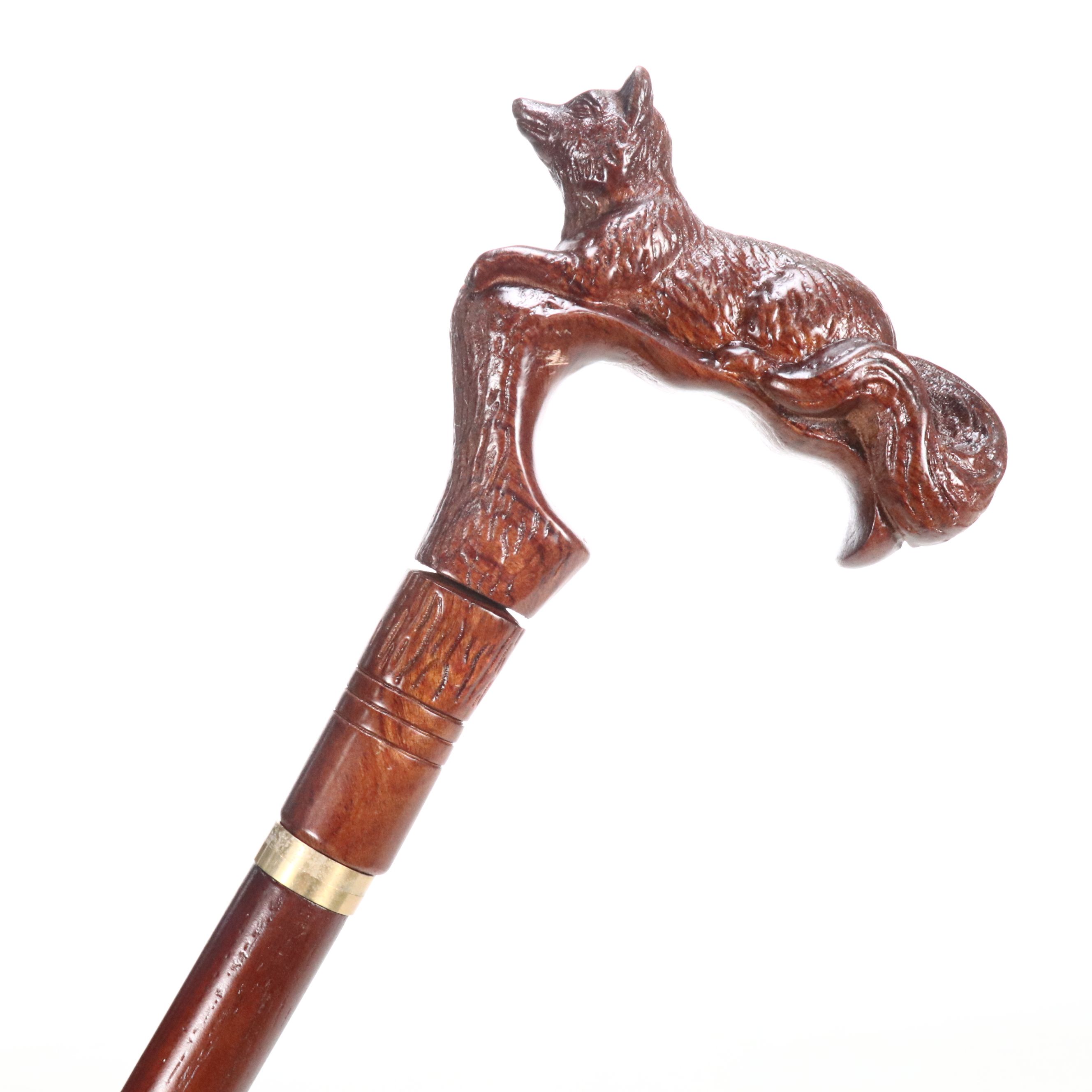 Resting Fox Carved Wood Derby Cane