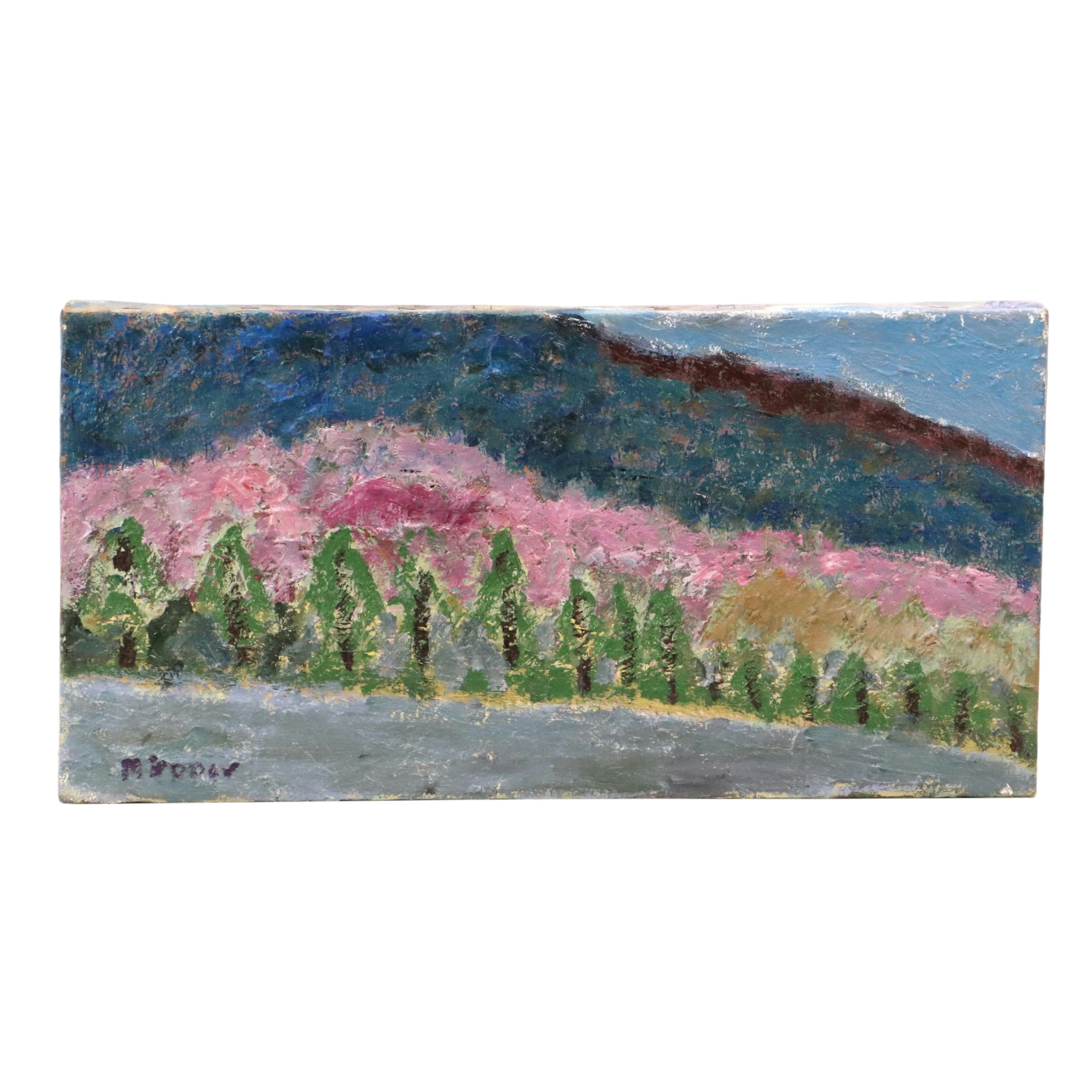 Impasto Acrylic Painting of Tree-Lined Hillside