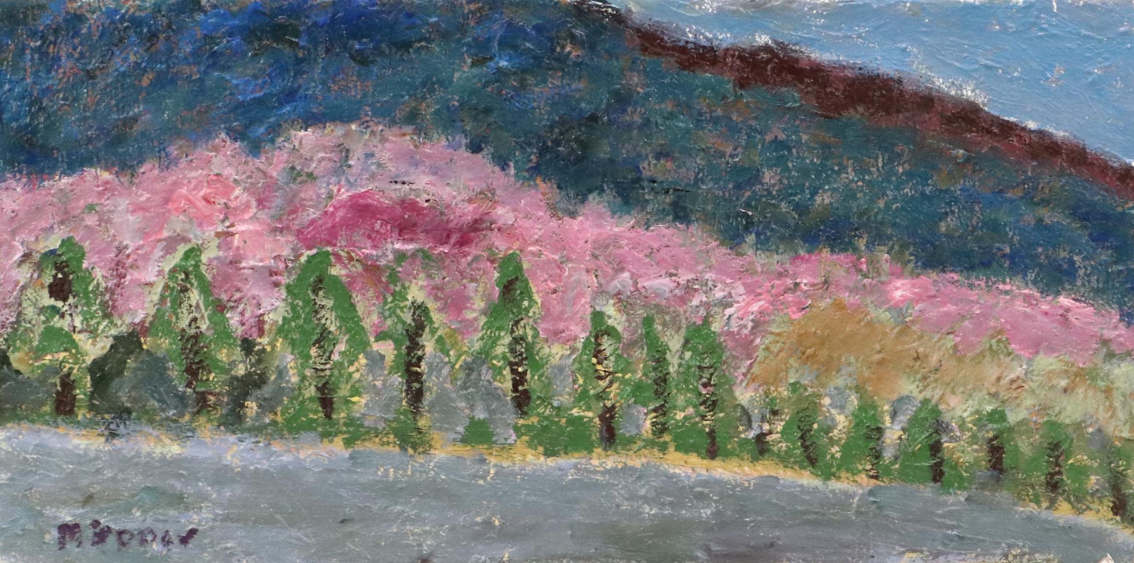 Impasto Acrylic Painting of Tree-Lined Hillside