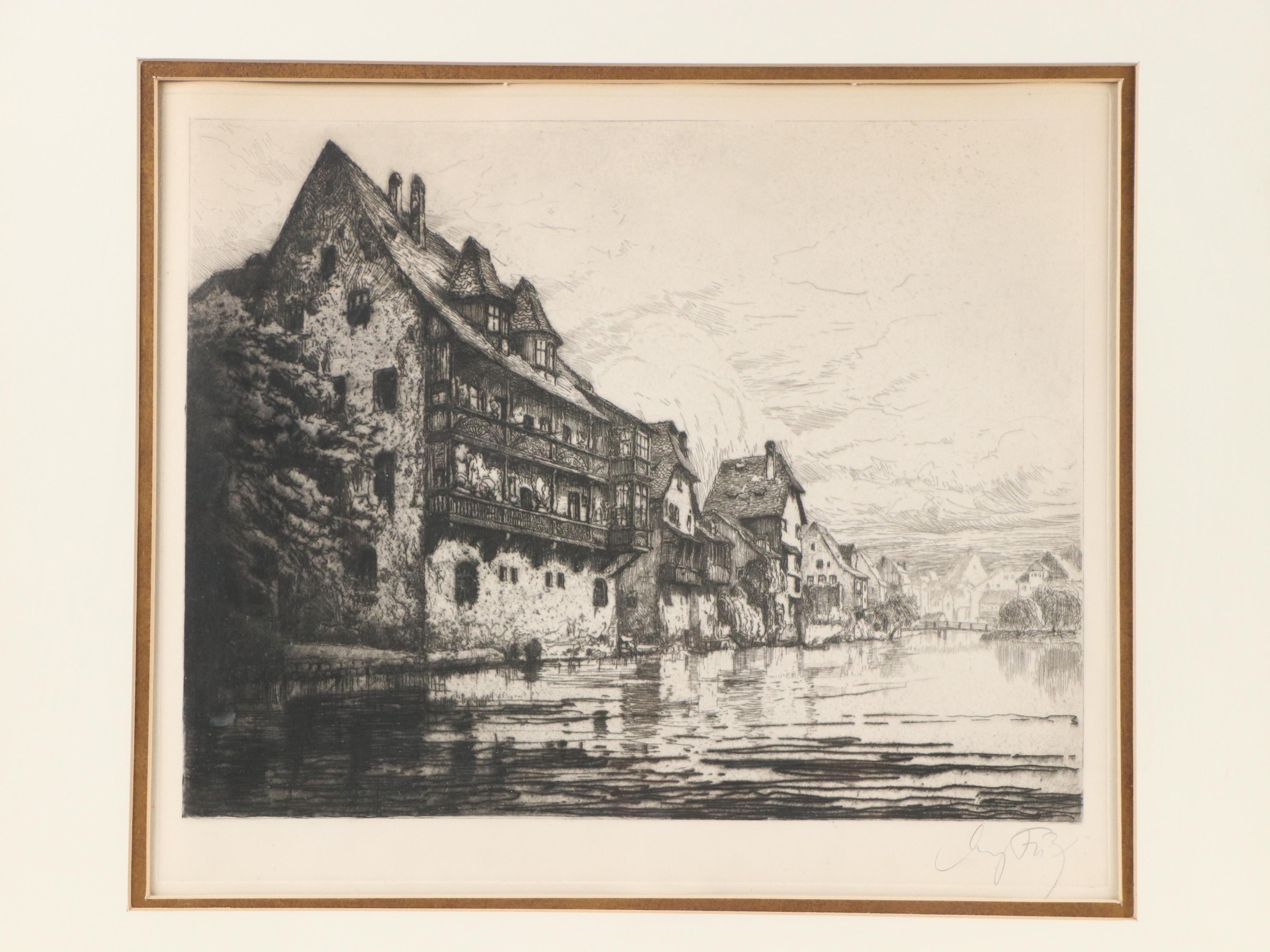 German School Etching of Schütt Island Houses in Nuremberg