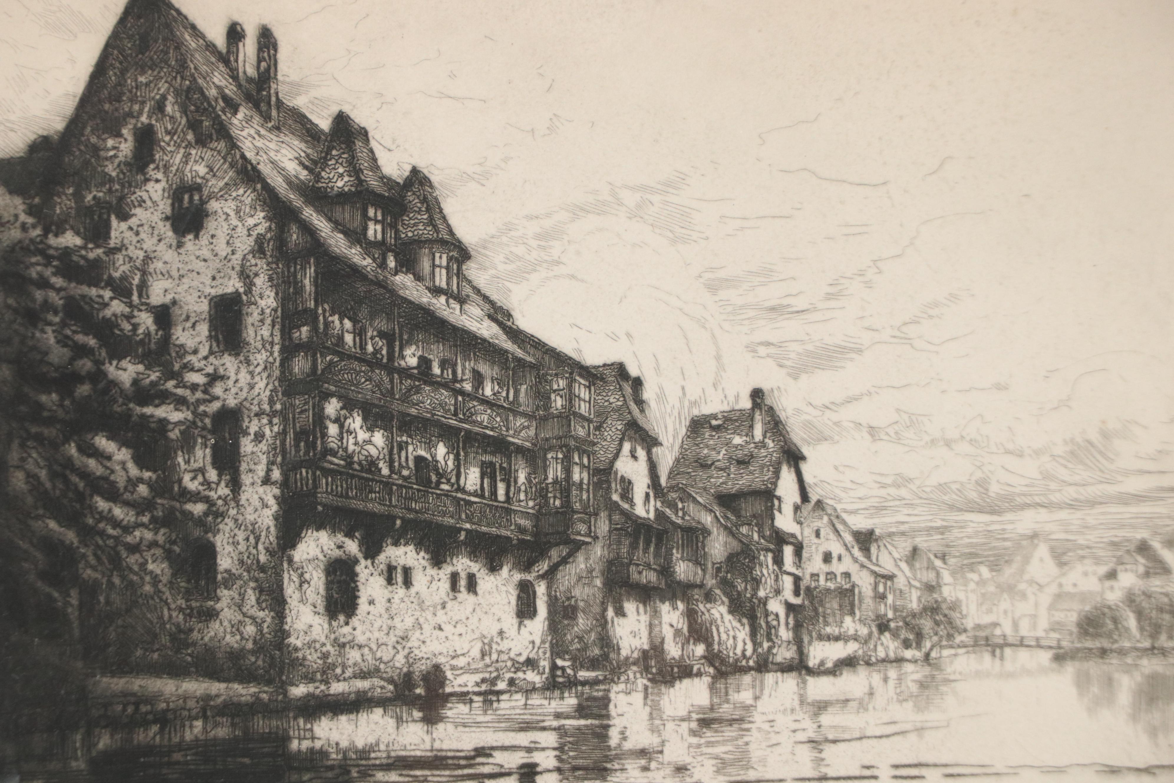 German School Etching of Schütt Island Houses in Nuremberg