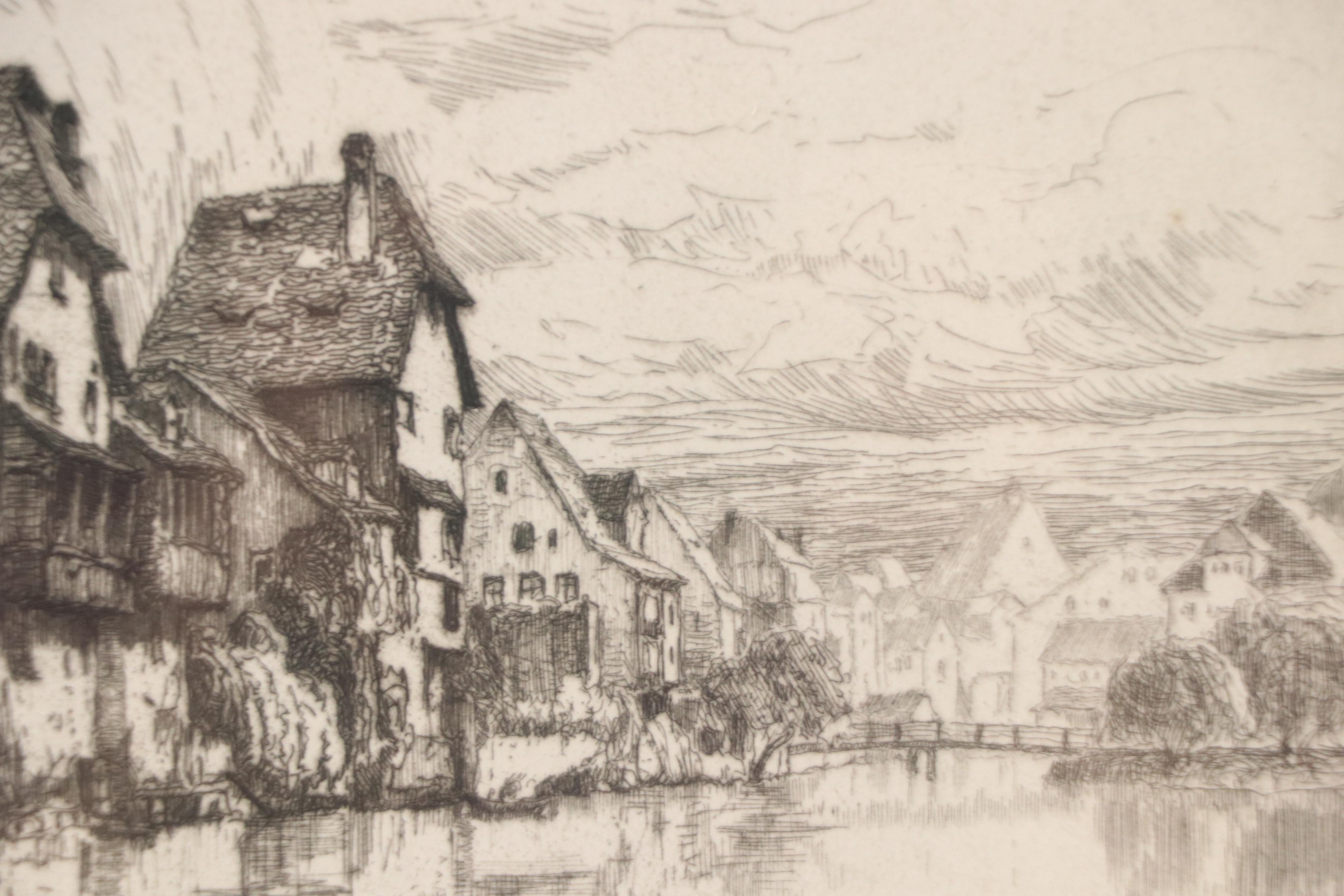 German School Etching of Schütt Island Houses in Nuremberg