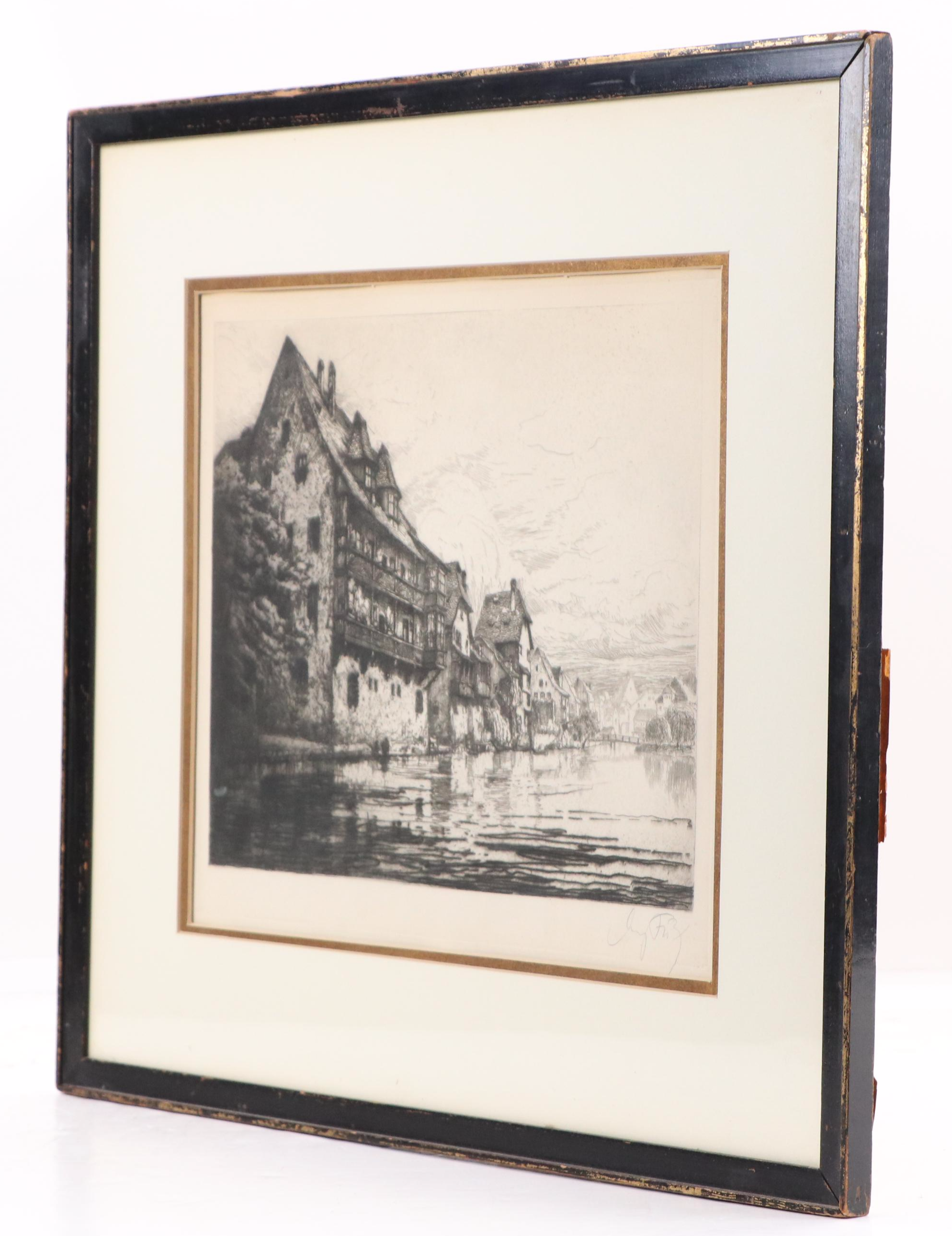 German School Etching of Schütt Island Houses in Nuremberg