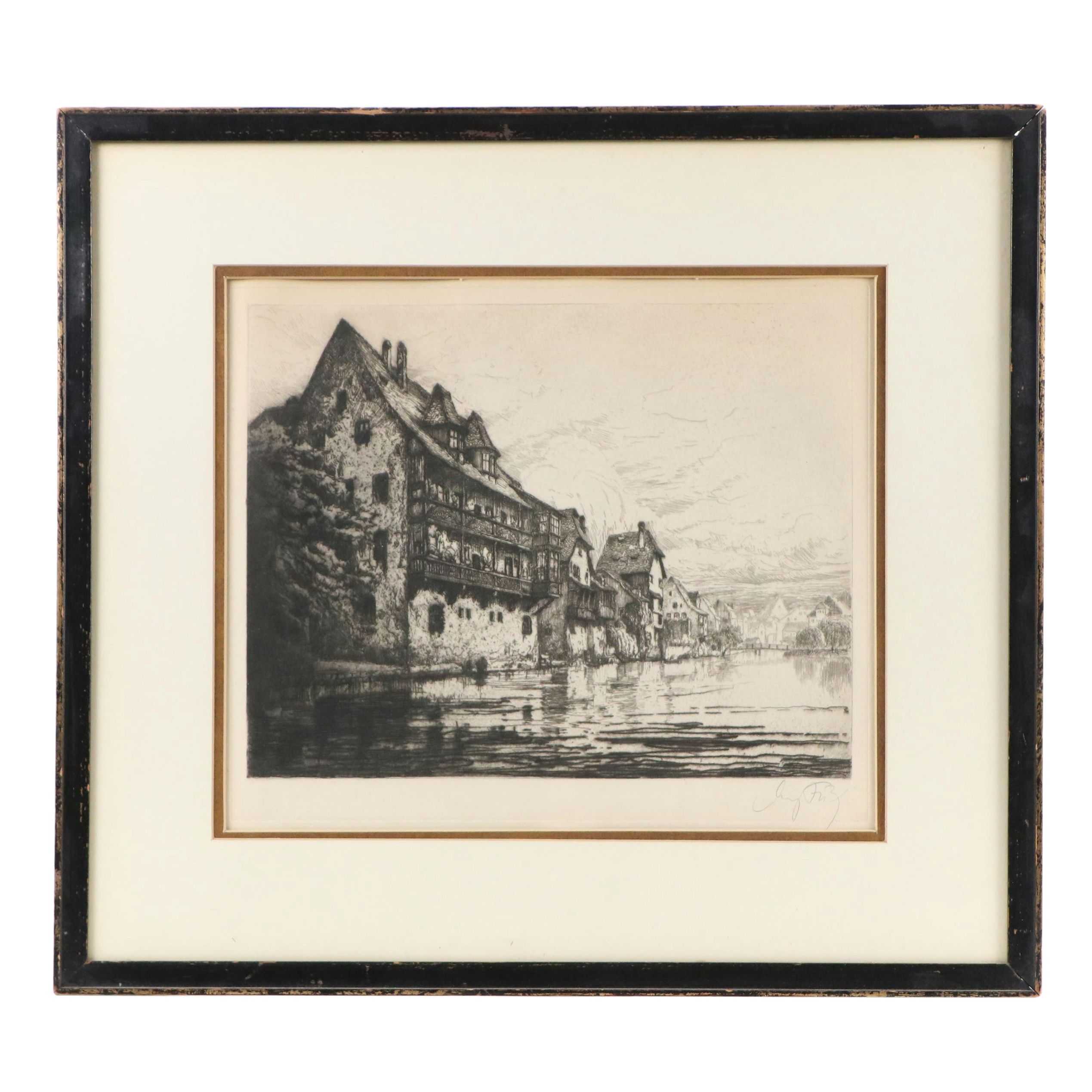 German School Etching of Schütt Island Houses in Nuremberg